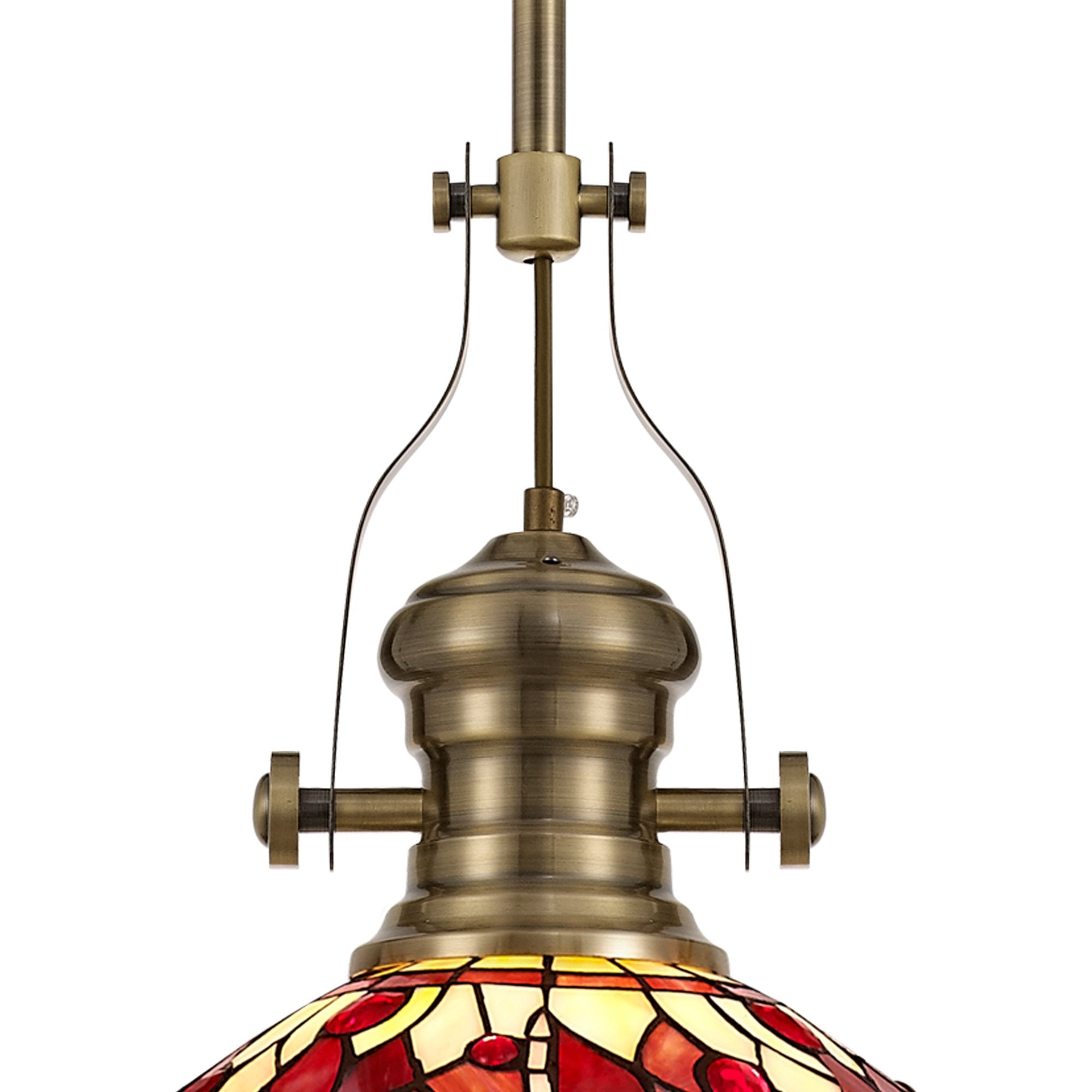 NLK04579 Louis/Heidi 1 Light Telescopic Pendant With 30cm Tiffany Shade Antique Brass/Purple/Pink/Crystal