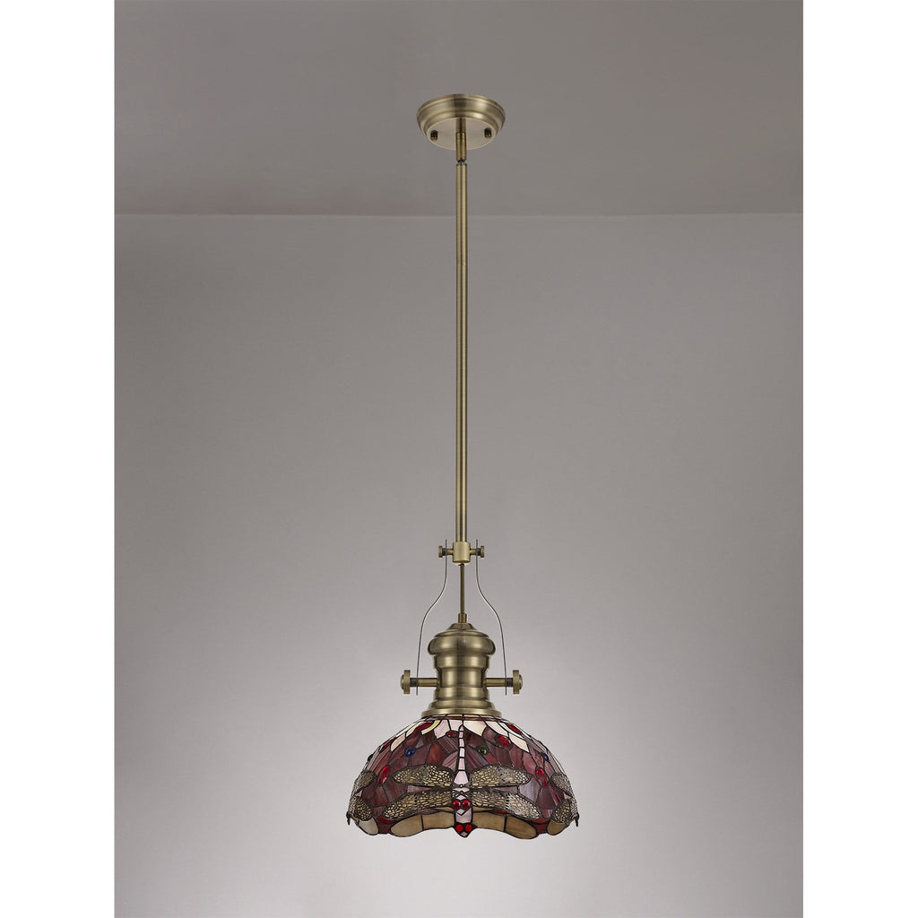 NLK04579 Louis/Heidi 1 Light Telescopic Pendant With 30cm Tiffany Shade Antique Brass/Purple/Pink/Crystal