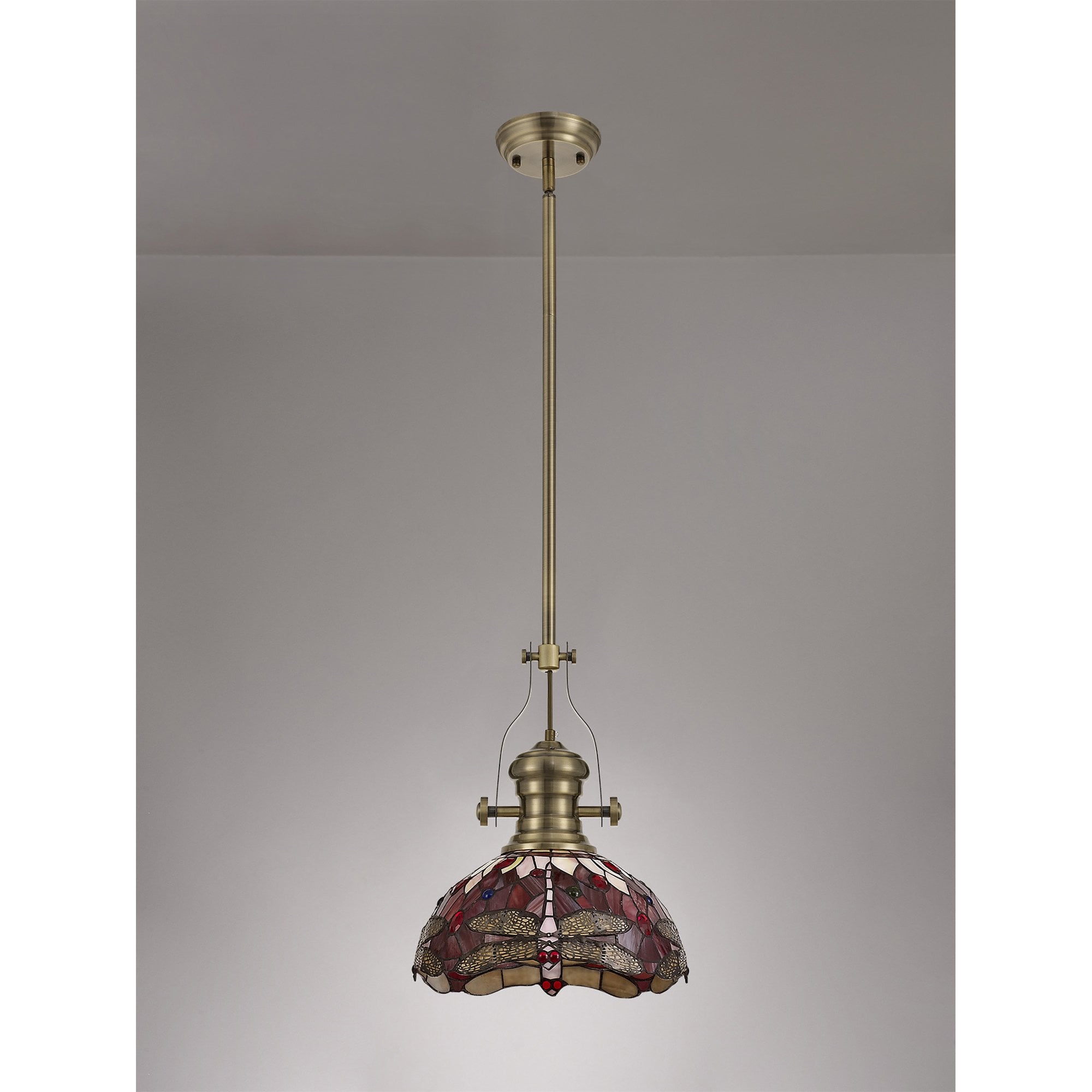 NLK04579 Louis/Heidi 1 Light Telescopic Pendant With 30cm Tiffany Shade Antique Brass/Purple/Pink/Crystal