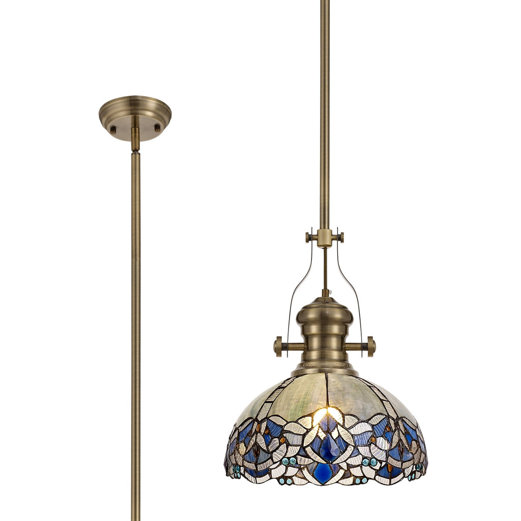 NLK04589 Louis/Ossie 1 Light Telescopic Pendant With 30cm Tiffany Shade Antique Brass/Blue/Clear Crystal