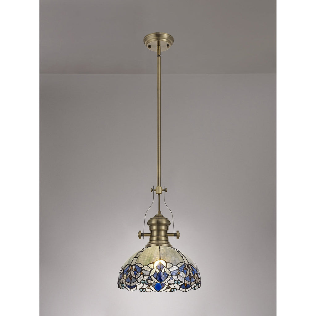 NLK04589 Louis/Ossie 1 Light Telescopic Pendant With 30cm Tiffany Shade Antique Brass/Blue/Clear Crystal