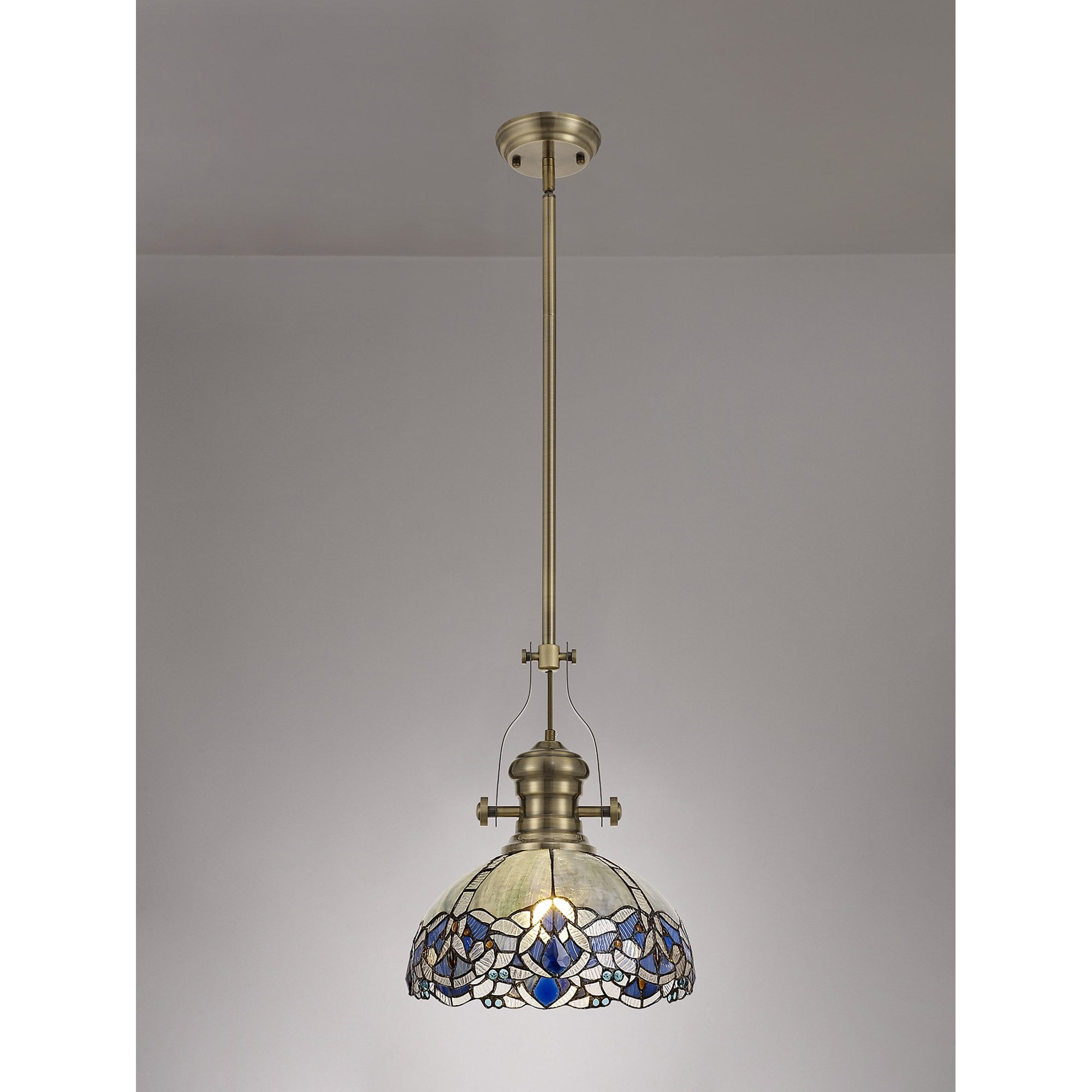 NLK04589 Louis/Ossie 1 Light Telescopic Pendant With 30cm Tiffany Shade Antique Brass/Blue/Clear Crystal