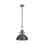 NLK04589 Louis/Ossie 1 Light Telescopic Pendant With 30cm Tiffany Shade Antique Brass/Blue/Clear Crystal