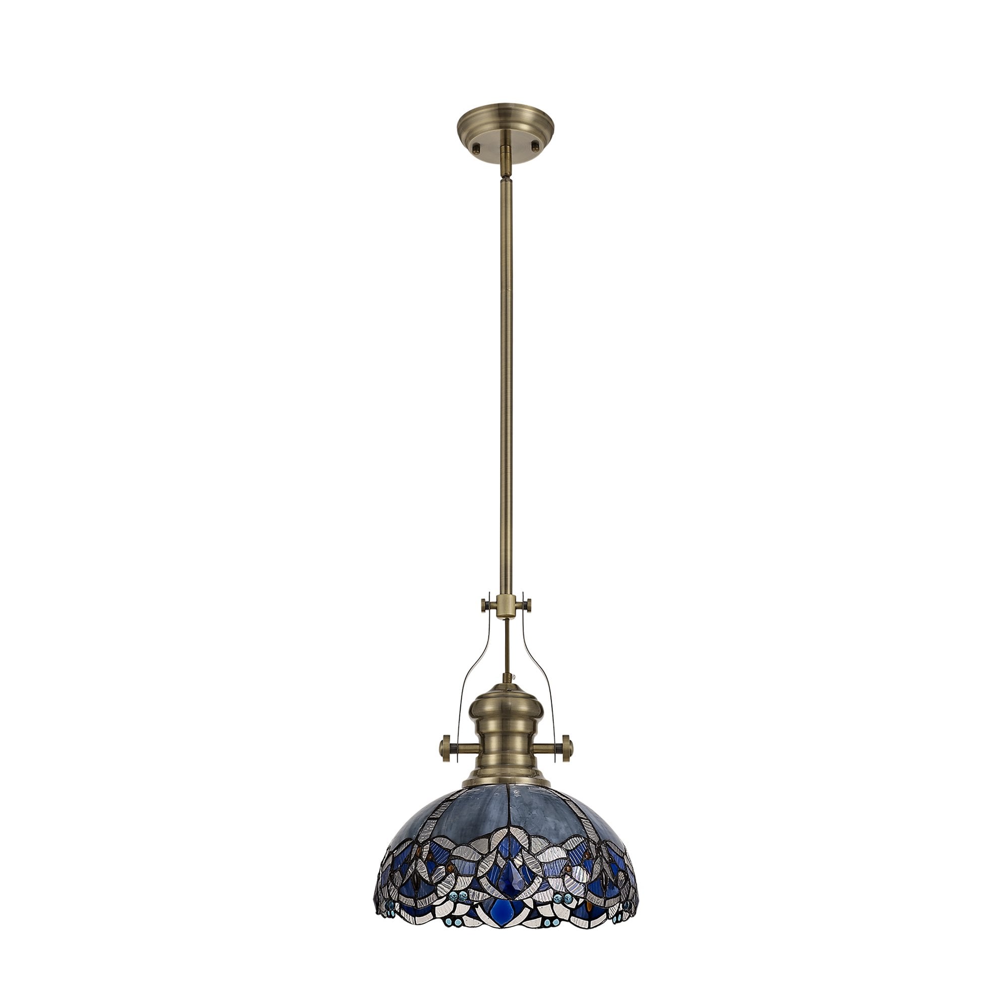 NLK04589 Louis/Ossie 1 Light Telescopic Pendant With 30cm Tiffany Shade Antique Brass/Blue/Clear Crystal