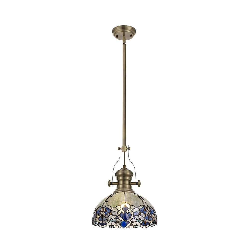 NLK04589 Louis/Ossie 1 Light Telescopic Pendant With 30cm Tiffany Shade Antique Brass/Blue/Clear Crystal