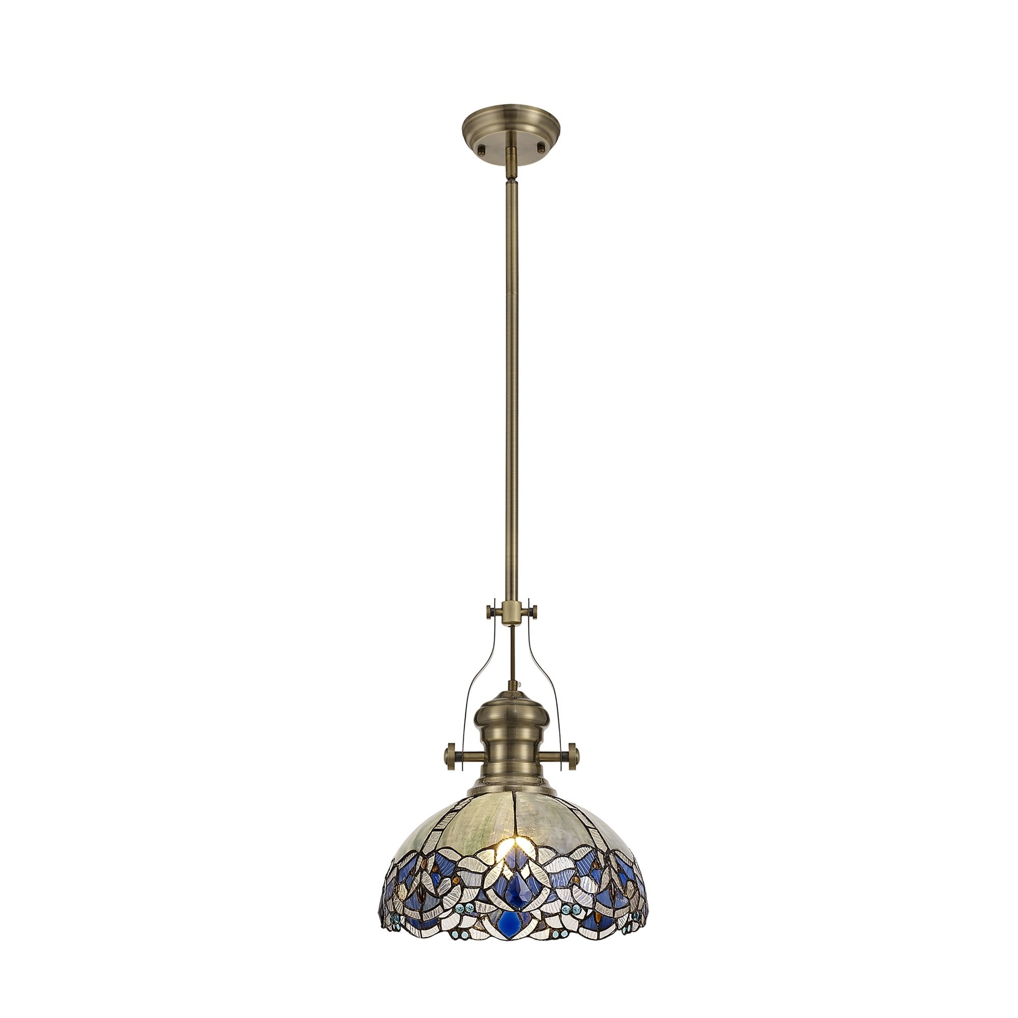 NLK04589 Louis/Ossie 1 Light Telescopic Pendant With 30cm Tiffany Shade Antique Brass/Blue/Clear Crystal
