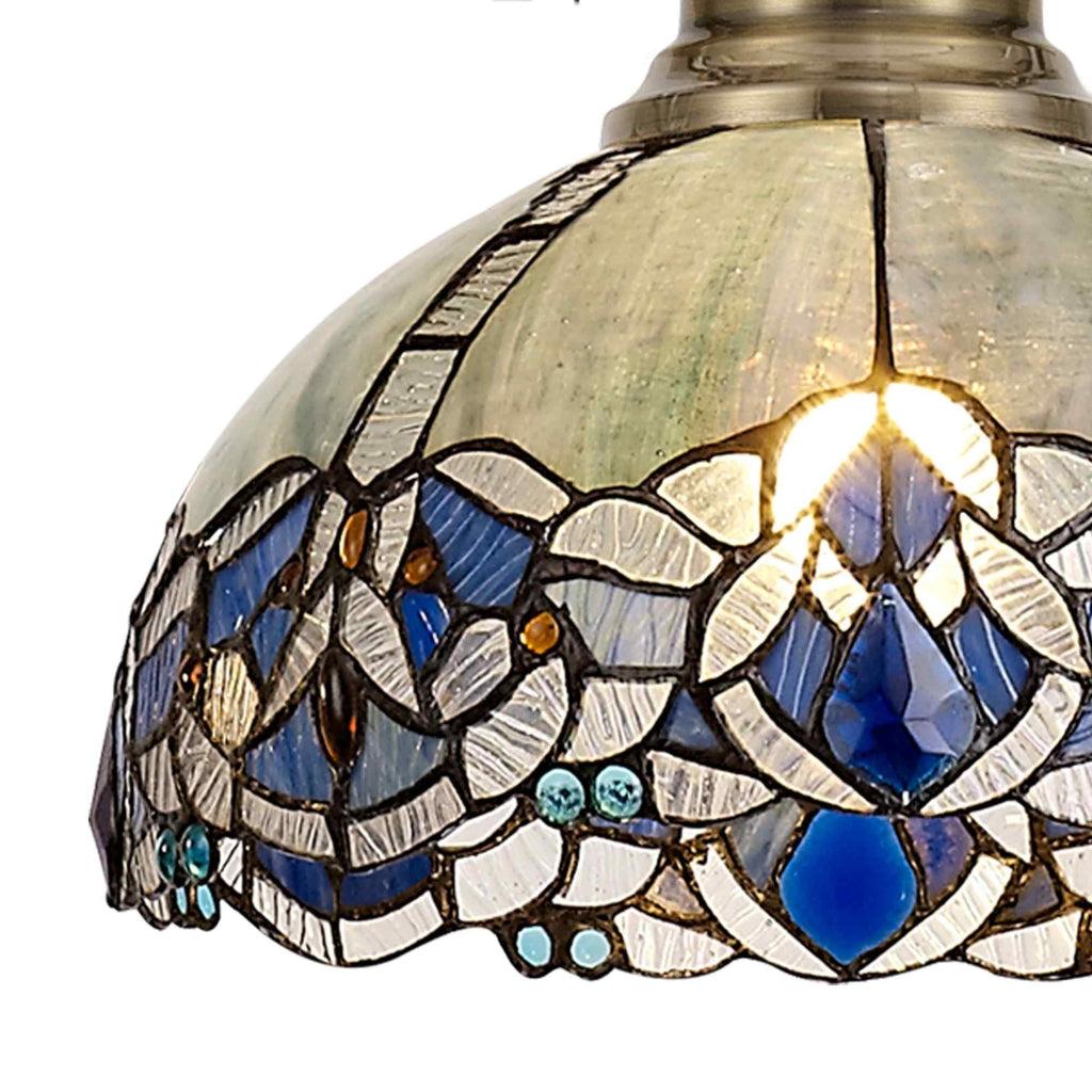 NLK04589 Louis/Ossie 1 Light Telescopic Pendant With 30cm Tiffany Shade Antique Brass/Blue/Clear Crystal