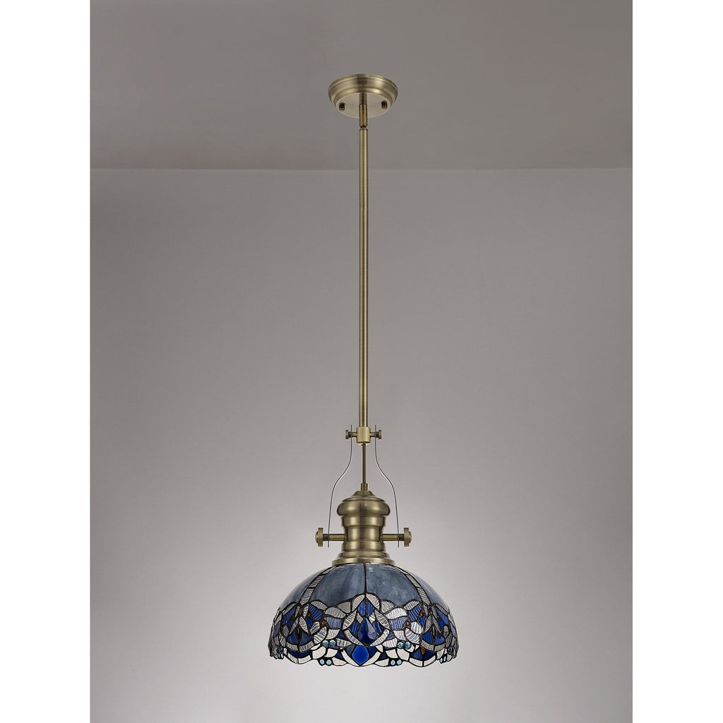 NLK04589 Louis/Ossie 1 Light Telescopic Pendant With 30cm Tiffany Shade Antique Brass/Blue/Clear Crystal