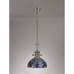 NLK04589 Louis/Ossie 1 Light Telescopic Pendant With 30cm Tiffany Shade Antique Brass/Blue/Clear Crystal