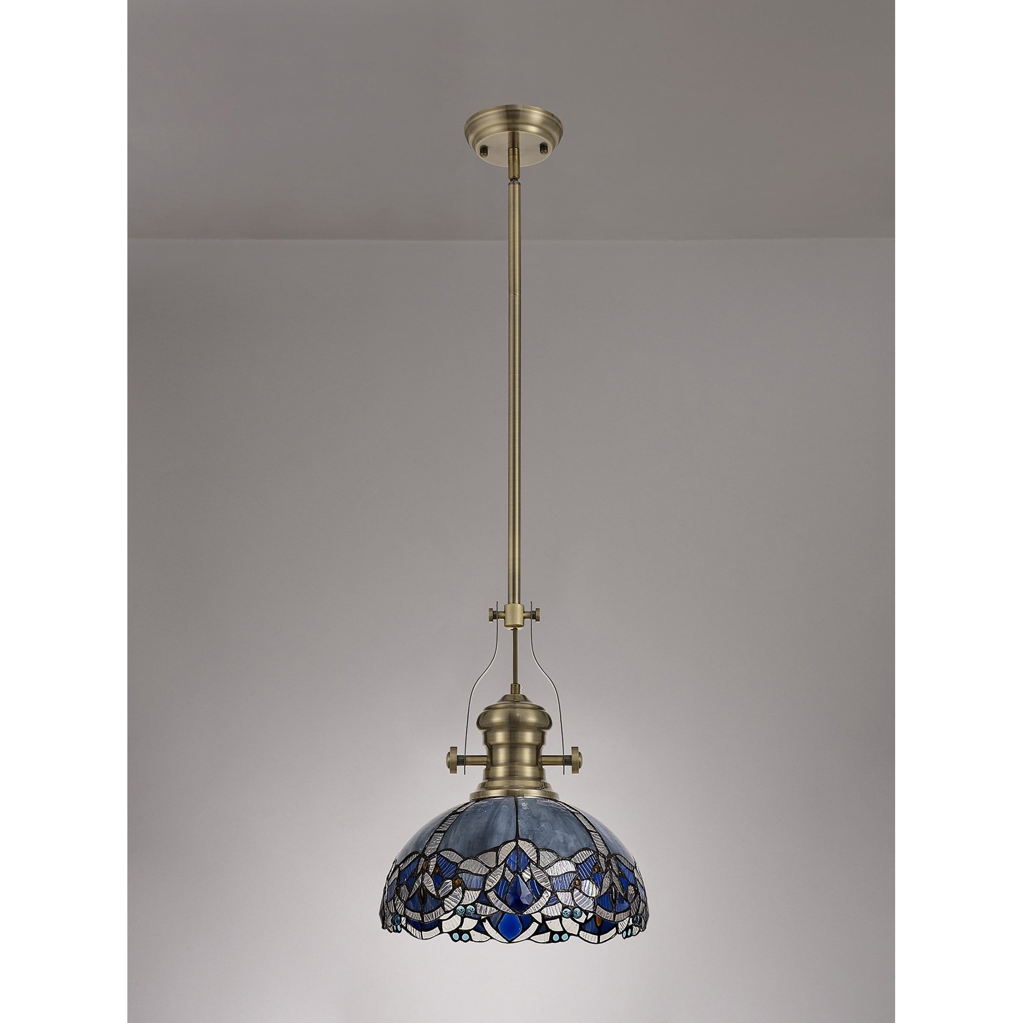 NLK04589 Louis/Ossie 1 Light Telescopic Pendant With 30cm Tiffany Shade Antique Brass/Blue/Clear Crystal