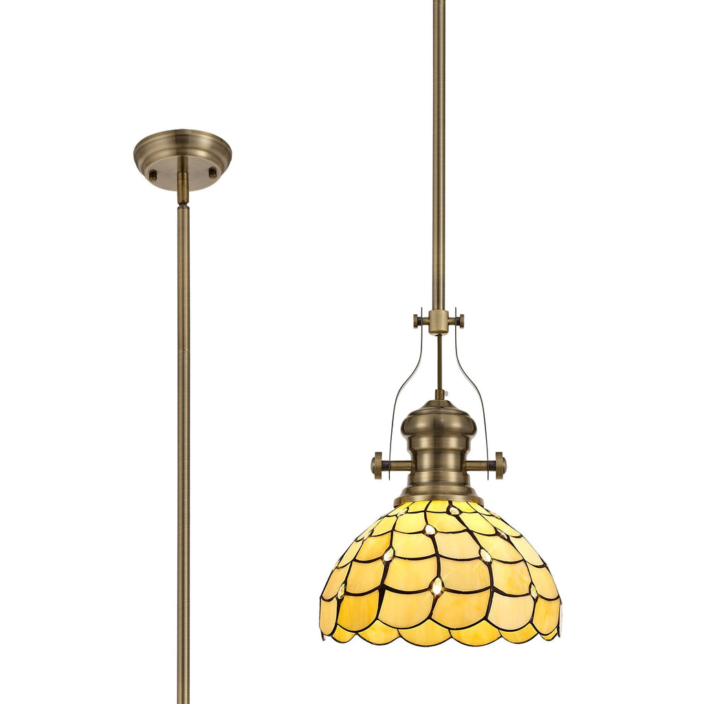 NLK04599 Louis/Chrisy 1 Light Telescopic Pendant With 30cm Tiffany Shade Antique Brass/Beige/Clear Crystal