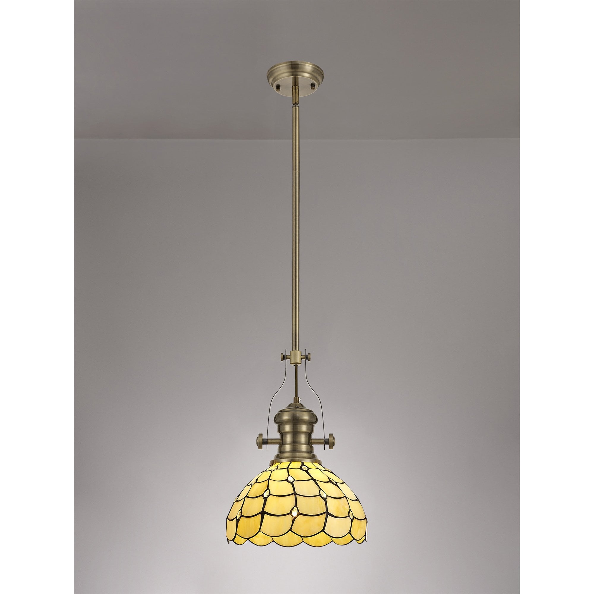 NLK04599 Louis/Chrisy 1 Light Telescopic Pendant With 30cm Tiffany Shade Antique Brass/Beige/Clear Crystal