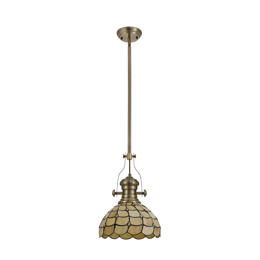NLK04599 Louis/Chrisy 1 Light Telescopic Pendant With 30cm Tiffany Shade Antique Brass/Beige/Clear Crystal