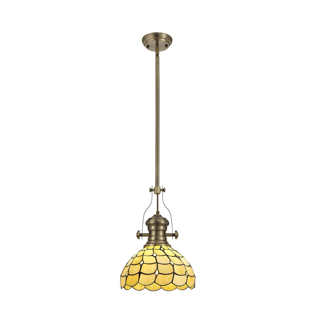 NLK04599 Louis/Chrisy 1 Light Telescopic Pendant With 30cm Tiffany Shade Antique Brass/Beige/Clear Crystal
