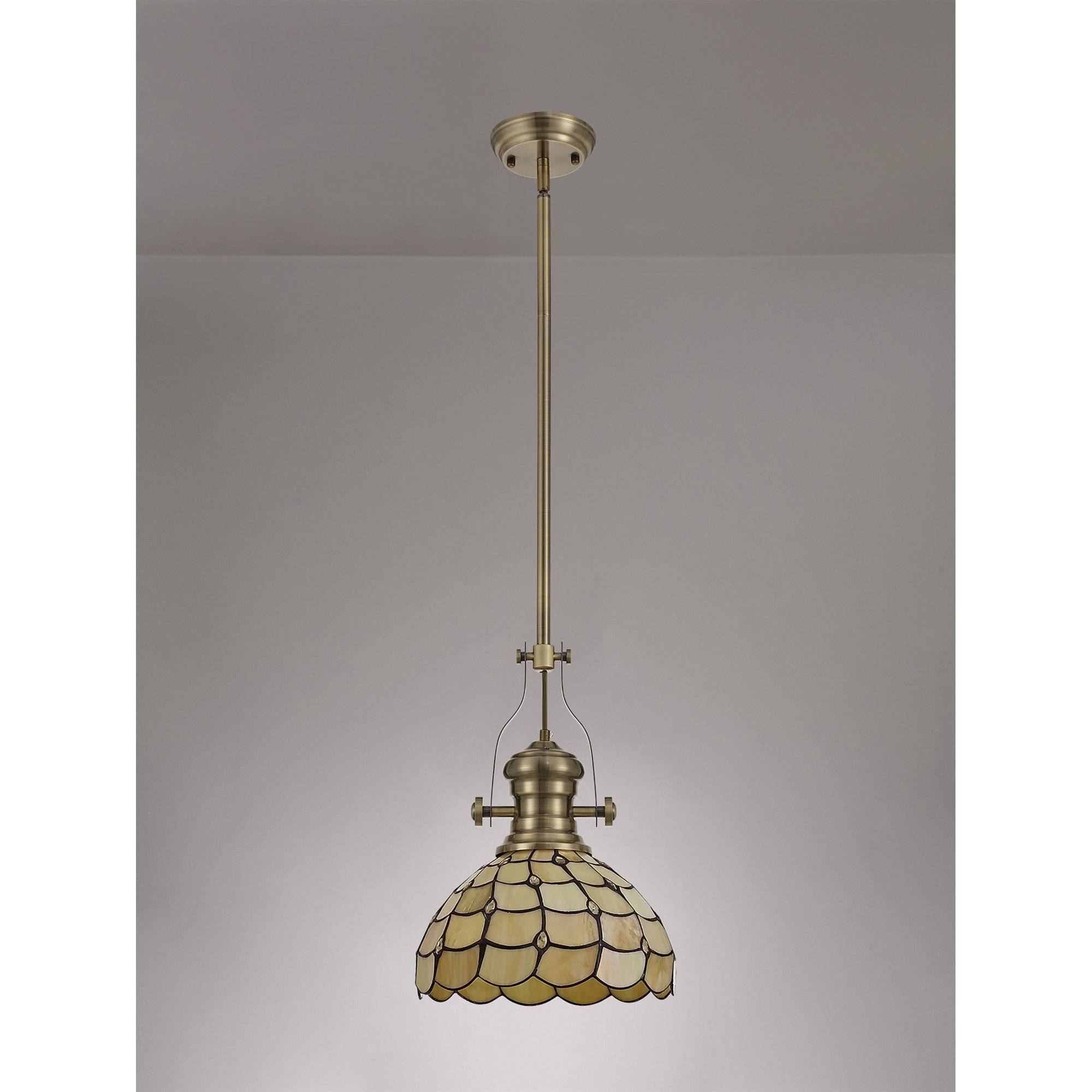 NLK04599 Louis/Chrisy 1 Light Telescopic Pendant With 30cm Tiffany Shade Antique Brass/Beige/Clear Crystal