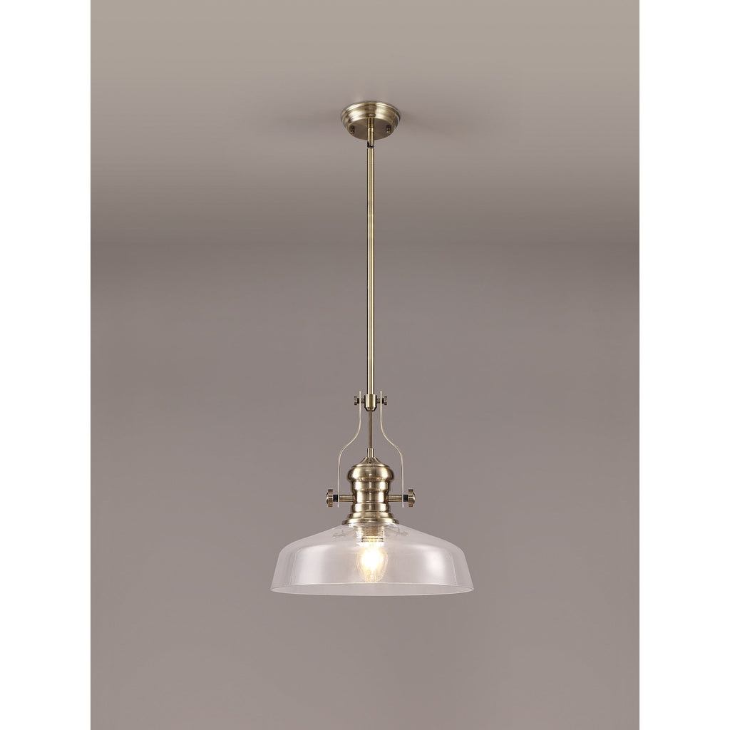 NLK04609 Louis Pendant With 38cm Flat Round Shade Antique Brass/Clear Glass
