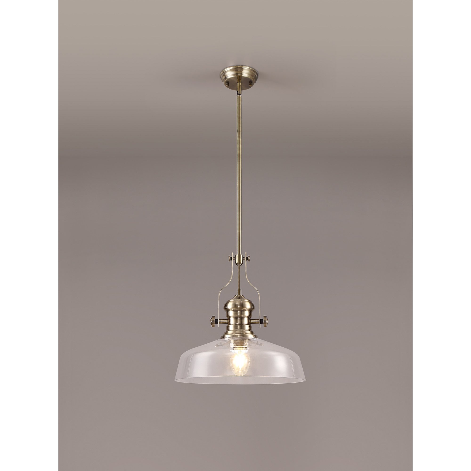 NLK04609 Louis Pendant With 38cm Flat Round Shade Antique Brass/Clear Glass