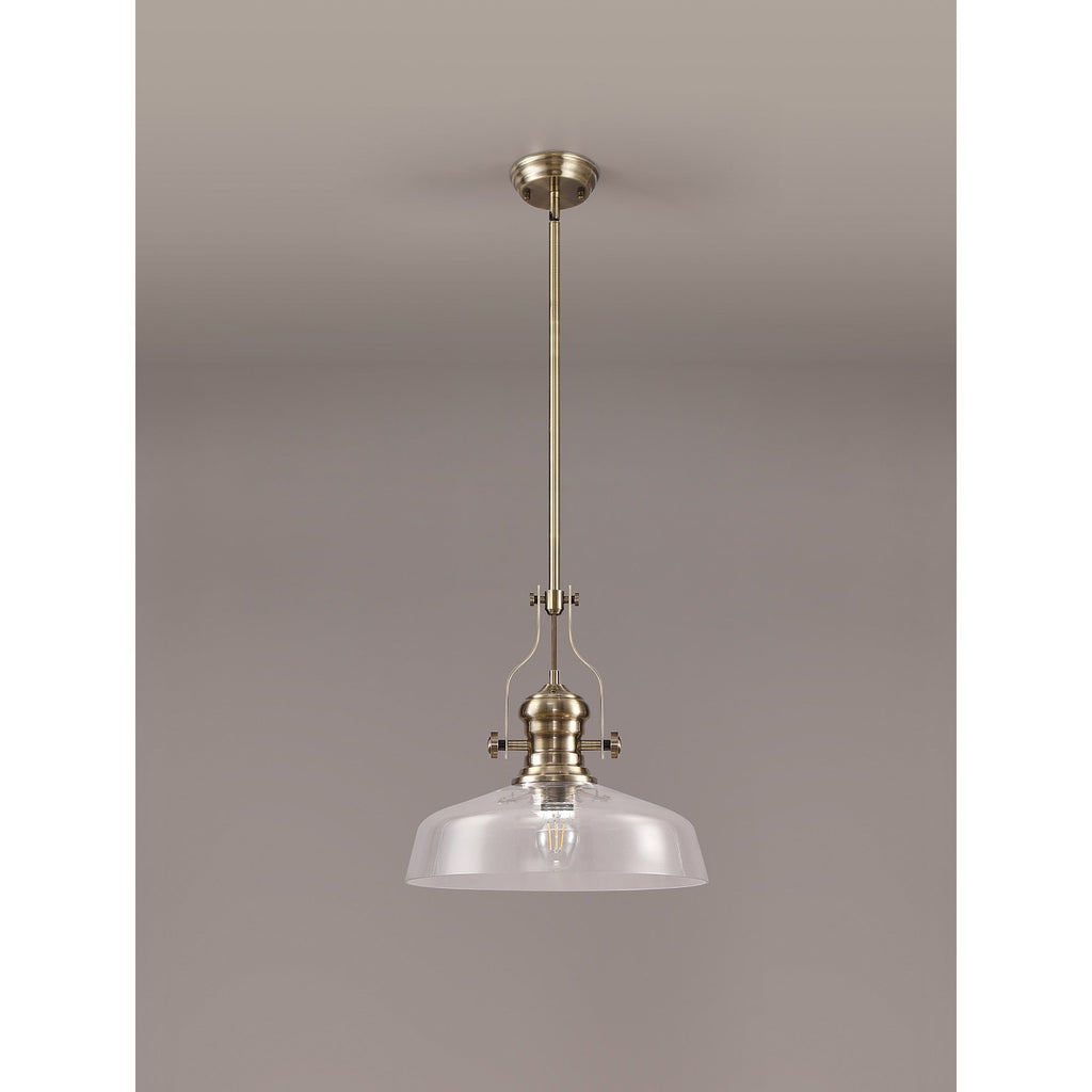 NLK04609 Louis Pendant With 38cm Flat Round Shade Antique Brass/Clear Glass