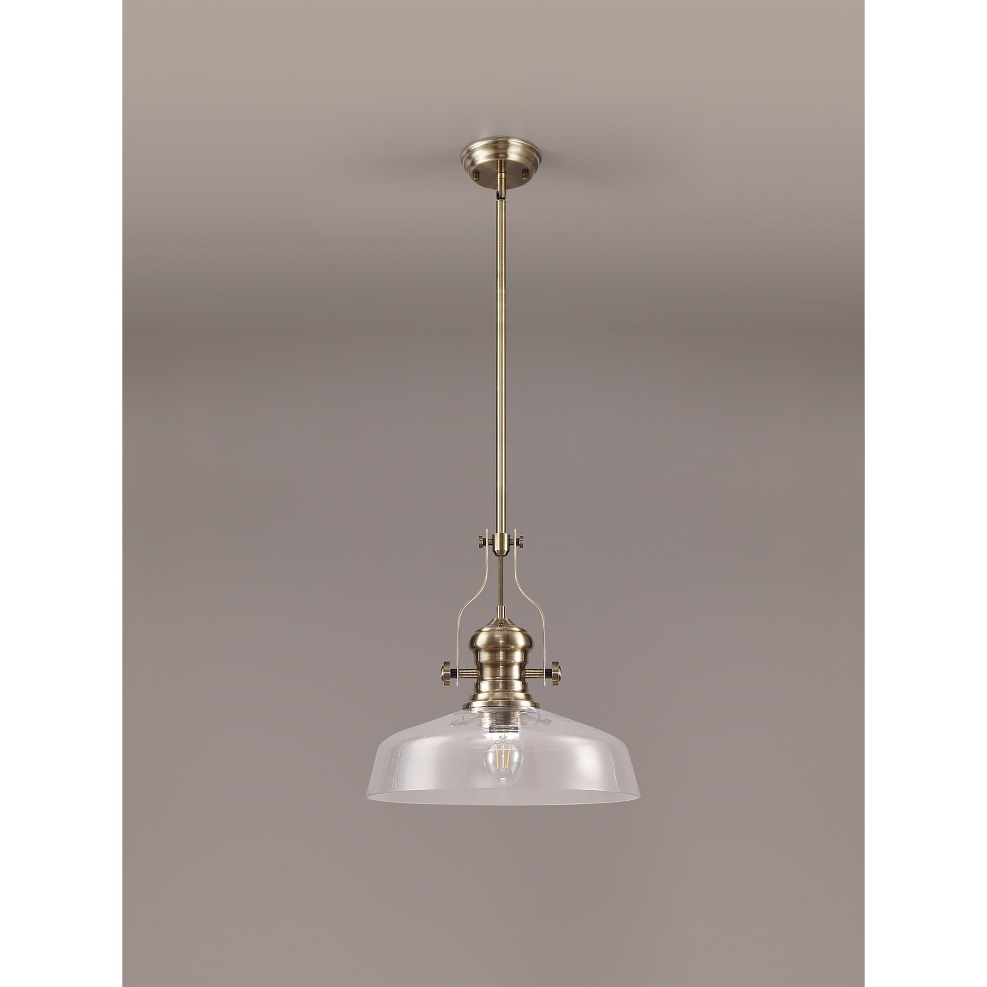 NLK04609 Louis Pendant With 38cm Flat Round Shade Antique Brass/Clear Glass