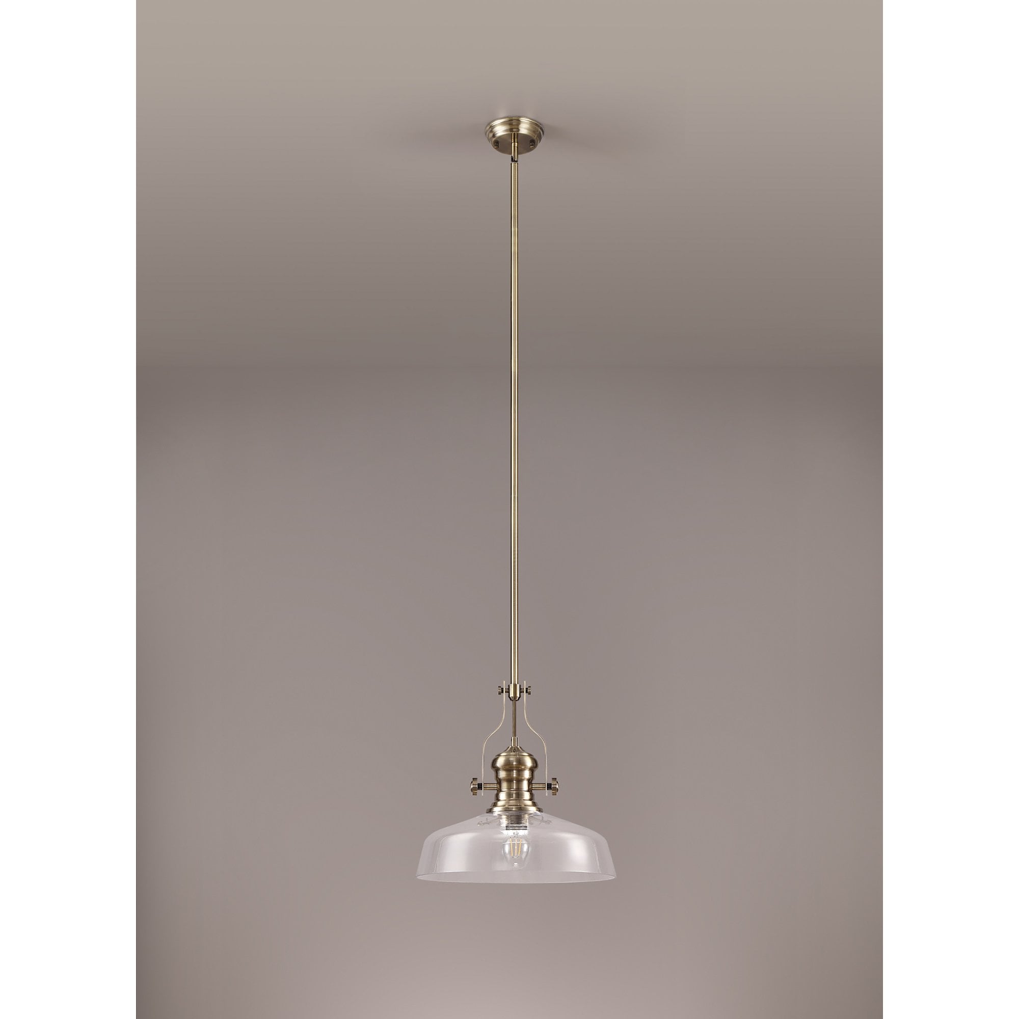 NLK04609 Louis Pendant With 38cm Flat Round Shade Antique Brass/Clear Glass