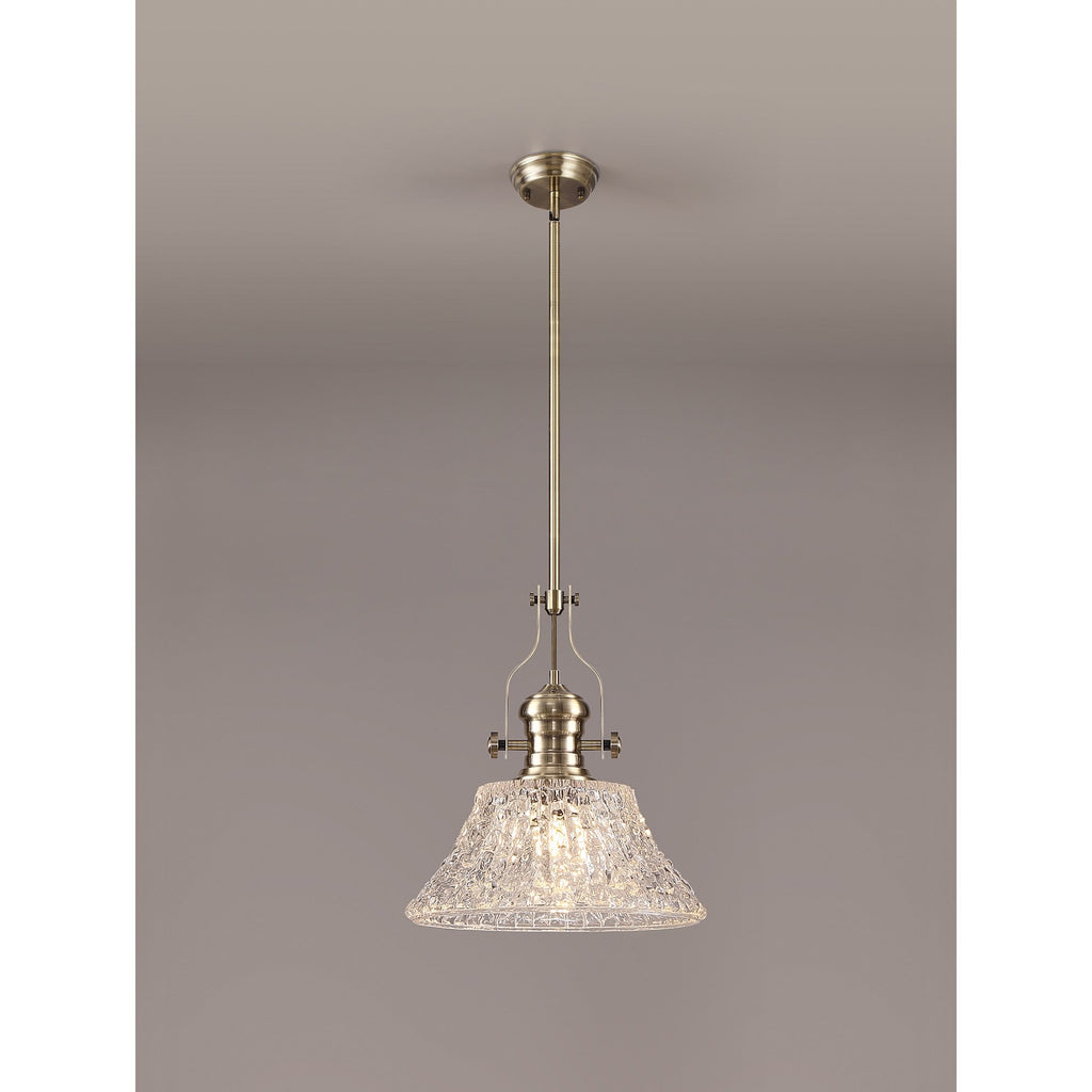 NLK04619 Louis Pendant With 38cm Patterned Round Shade Antique Brass/Clear Glass