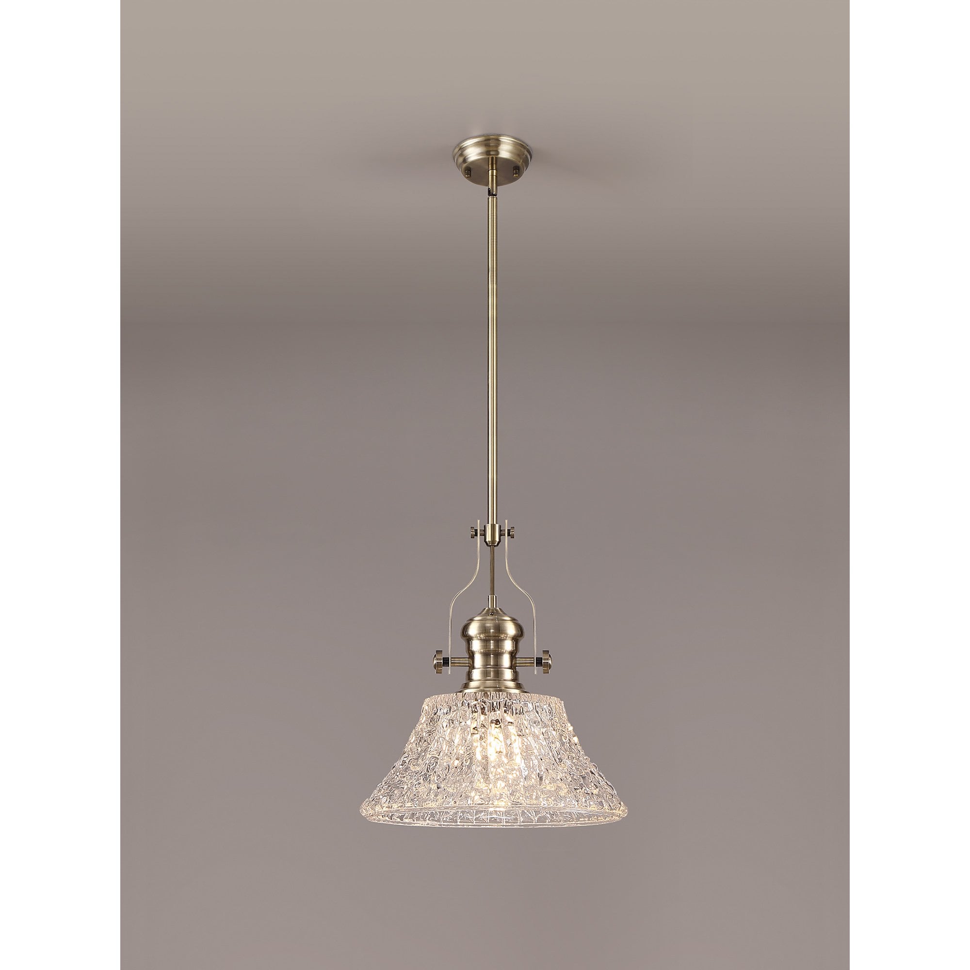 NLK04619 Louis Pendant With 38cm Patterned Round Shade Antique Brass/Clear Glass