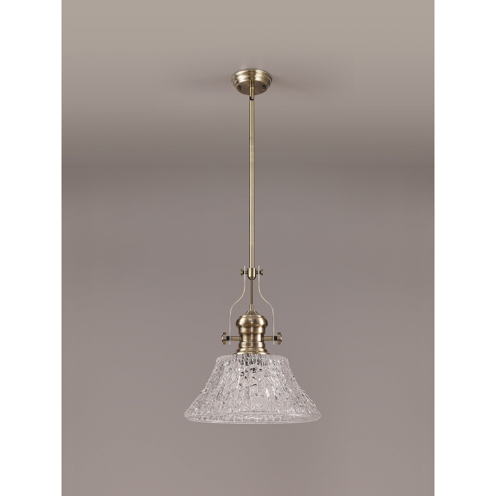 NLK04619 Louis Pendant With 38cm Patterned Round Shade Antique Brass/Clear Glass