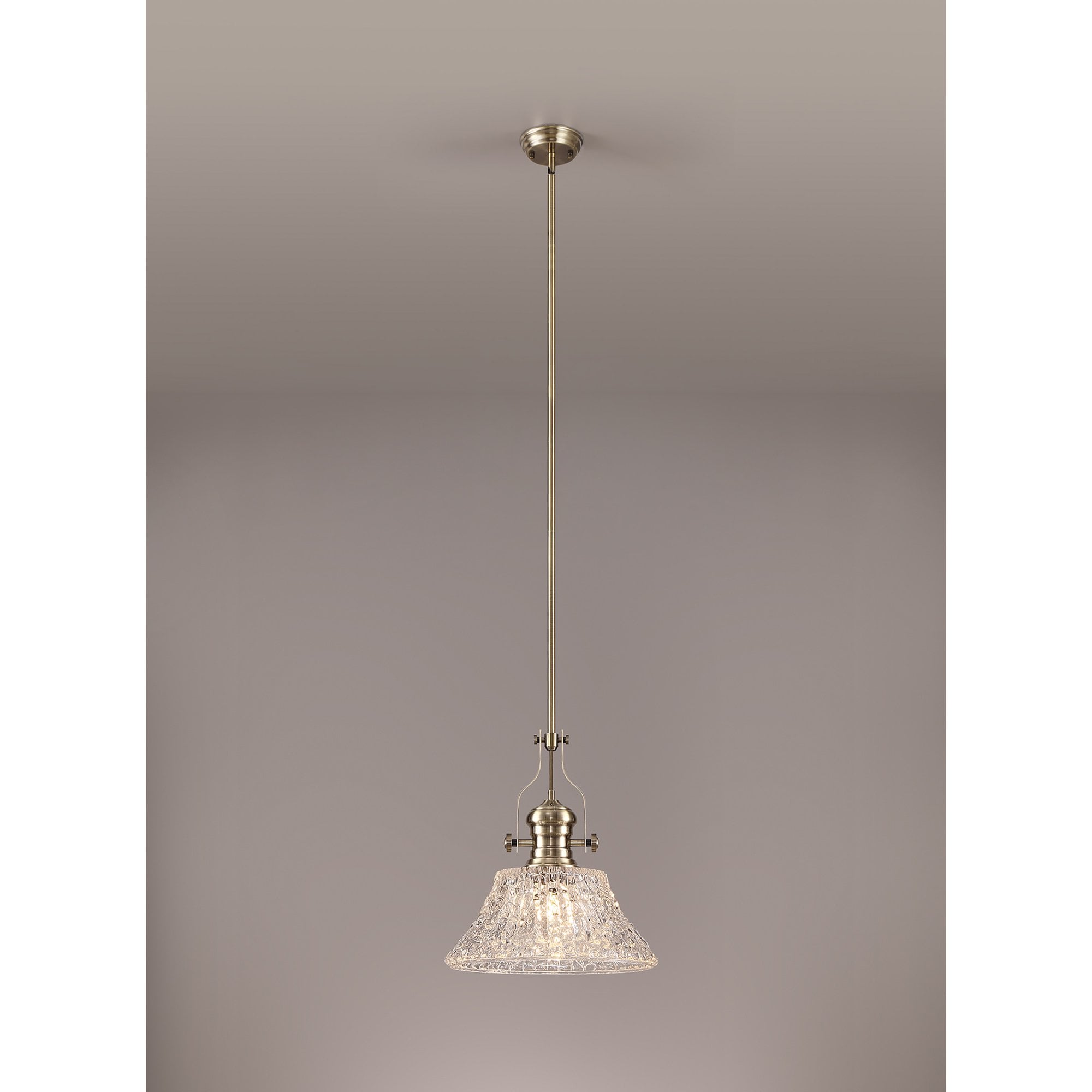 NLK04619 Louis Pendant With 38cm Patterned Round Shade Antique Brass/Clear Glass