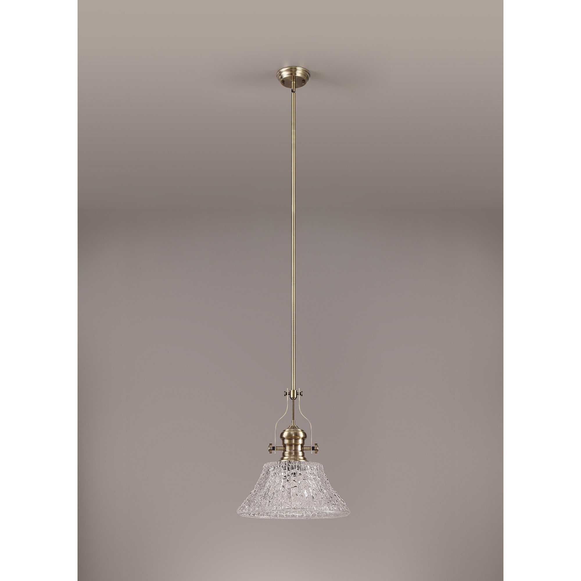 NLK04619 Louis Pendant With 38cm Patterned Round Shade Antique Brass/Clear Glass