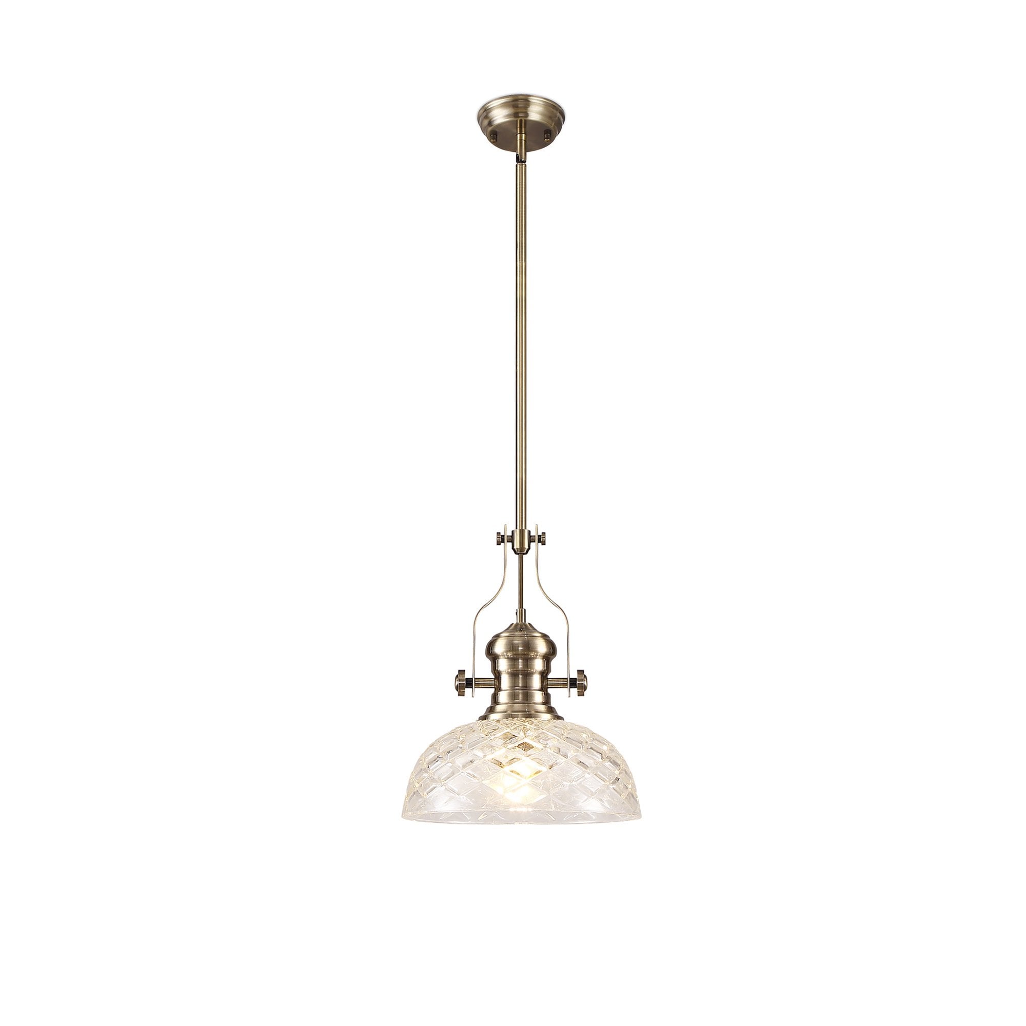 NLK04629 Louis Pendant With 30cm Flat Round Patterned Shade Antique Brass/Clear Glass