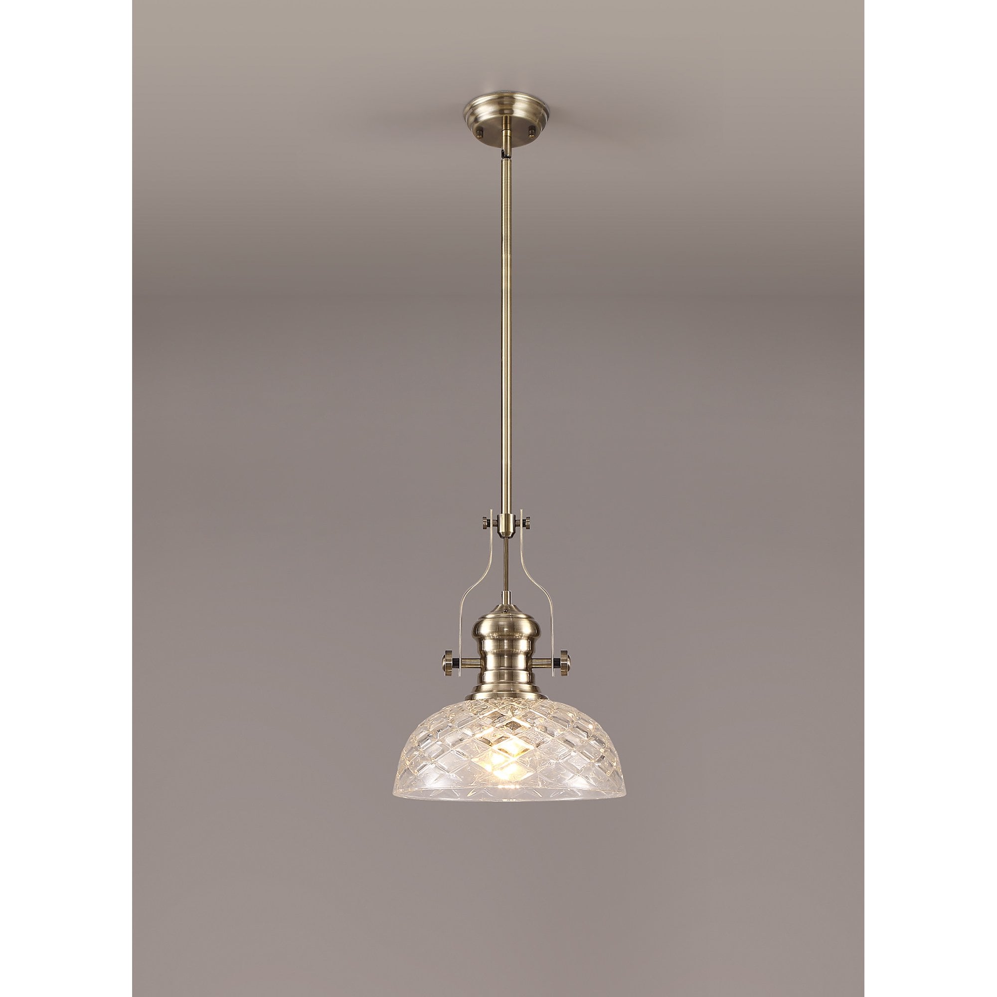 NLK04629 Louis Pendant With 30cm Flat Round Patterned Shade Antique Brass/Clear Glass