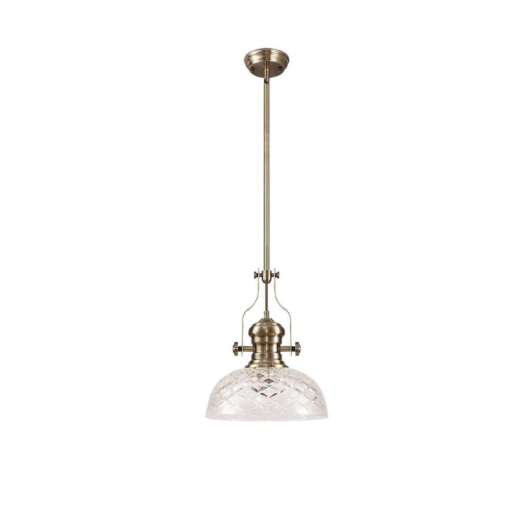 NLK04629 Louis Pendant With 30cm Flat Round Patterned Shade Antique Brass/Clear Glass