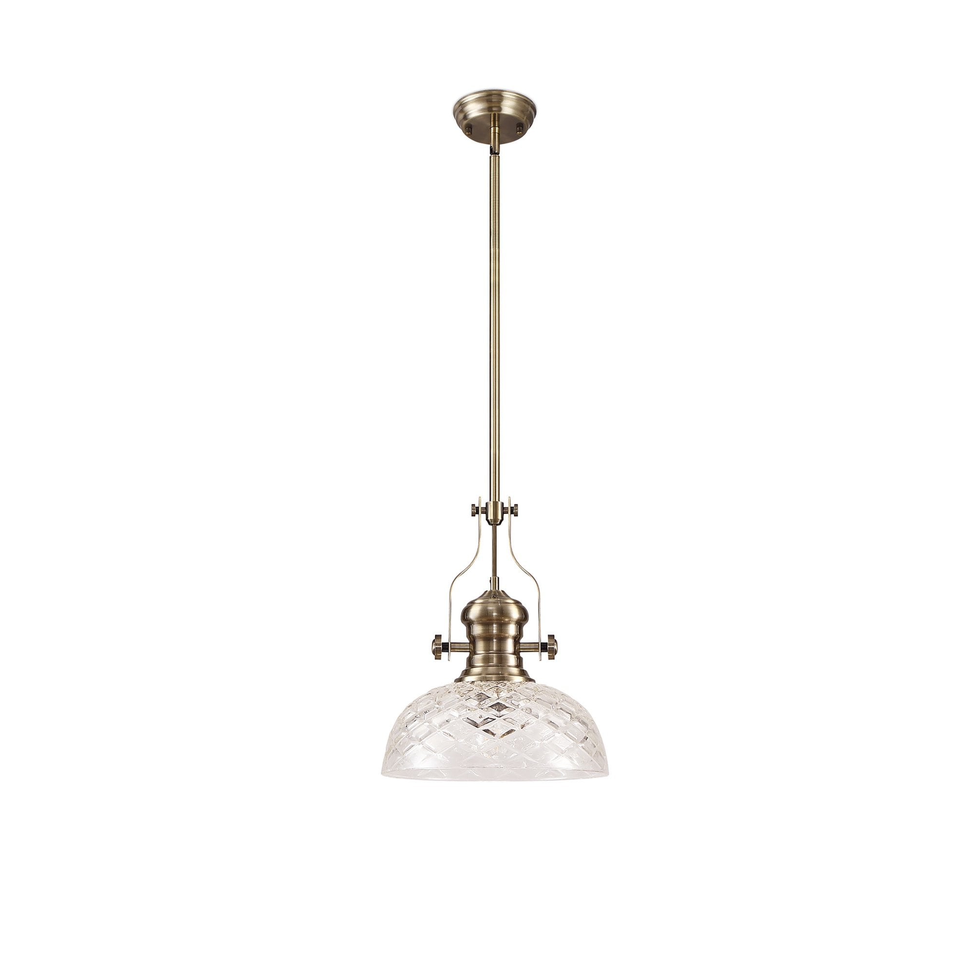 NLK04629 Louis Pendant With 30cm Flat Round Patterned Shade Antique Brass/Clear Glass
