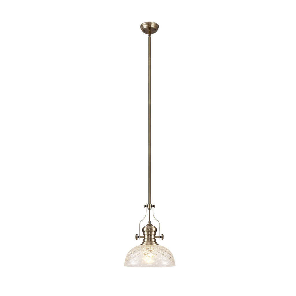 NLK04629 Louis Pendant With 30cm Flat Round Patterned Shade Antique Brass/Clear Glass