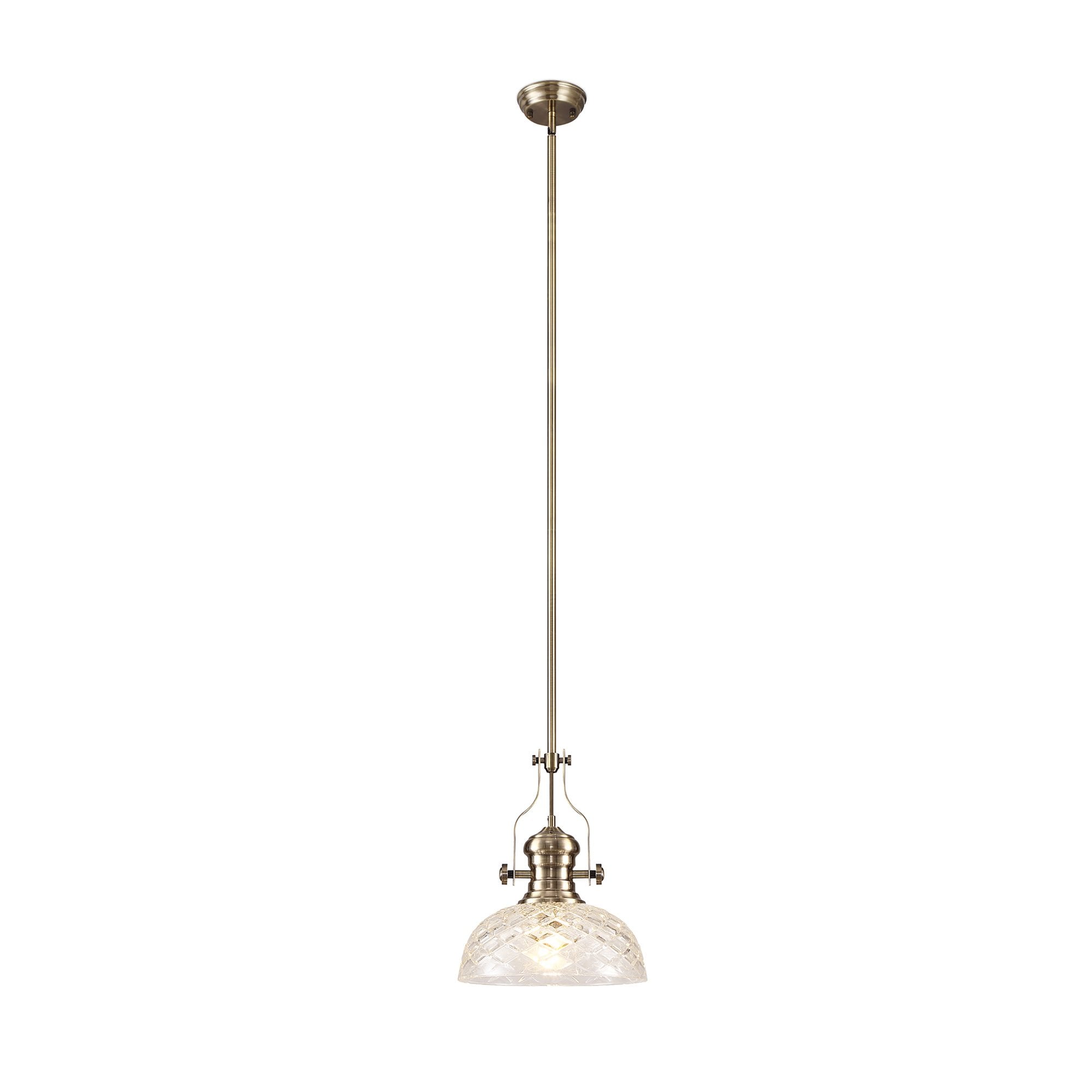 NLK04629 Louis Pendant With 30cm Flat Round Patterned Shade Antique Brass/Clear Glass