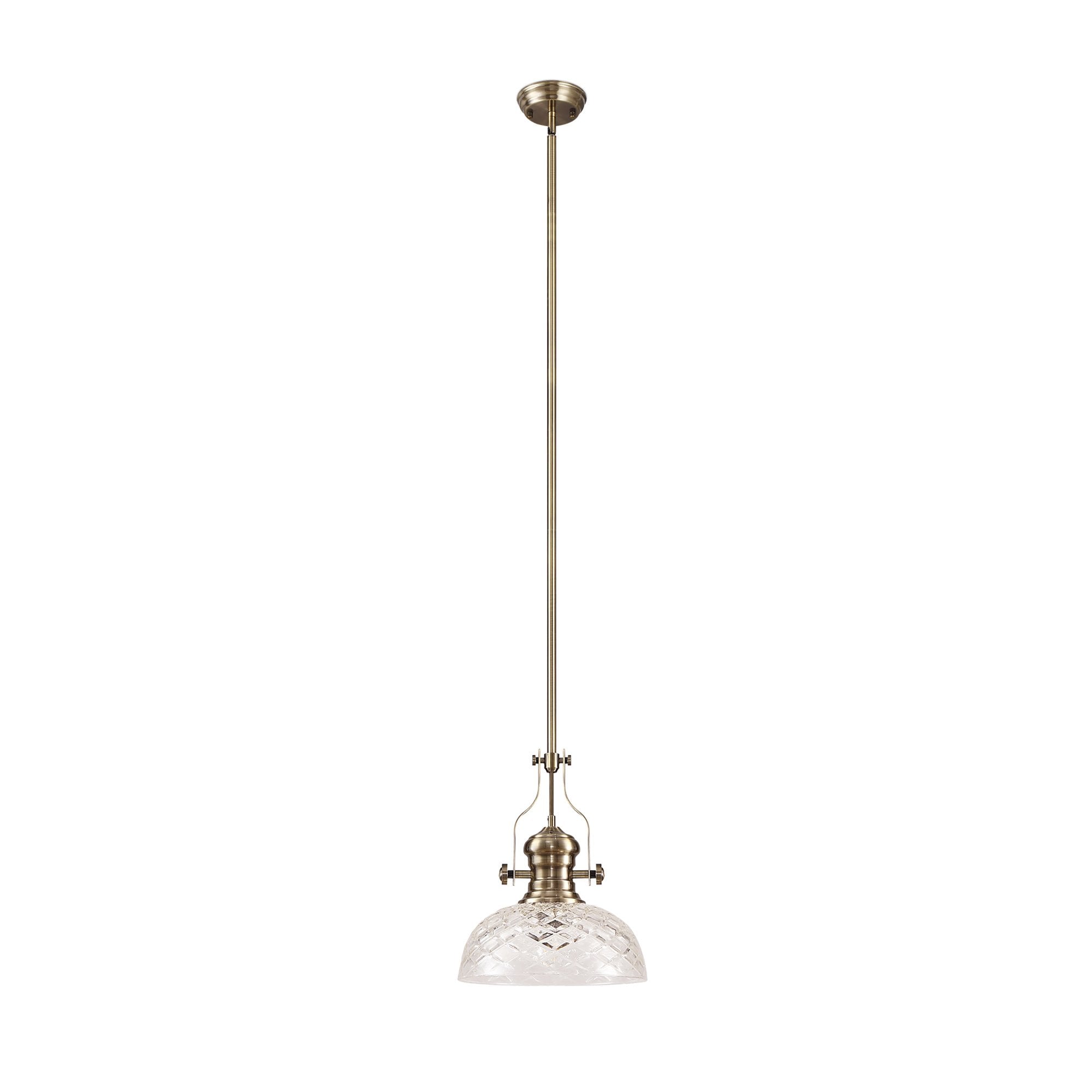 NLK04629 Louis Pendant With 30cm Flat Round Patterned Shade Antique Brass/Clear Glass