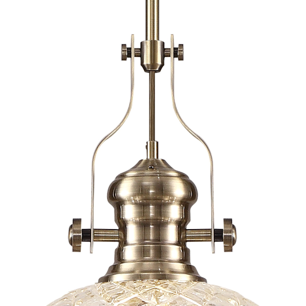 NLK04629 Louis Pendant With 30cm Flat Round Patterned Shade Antique Brass/Clear Glass