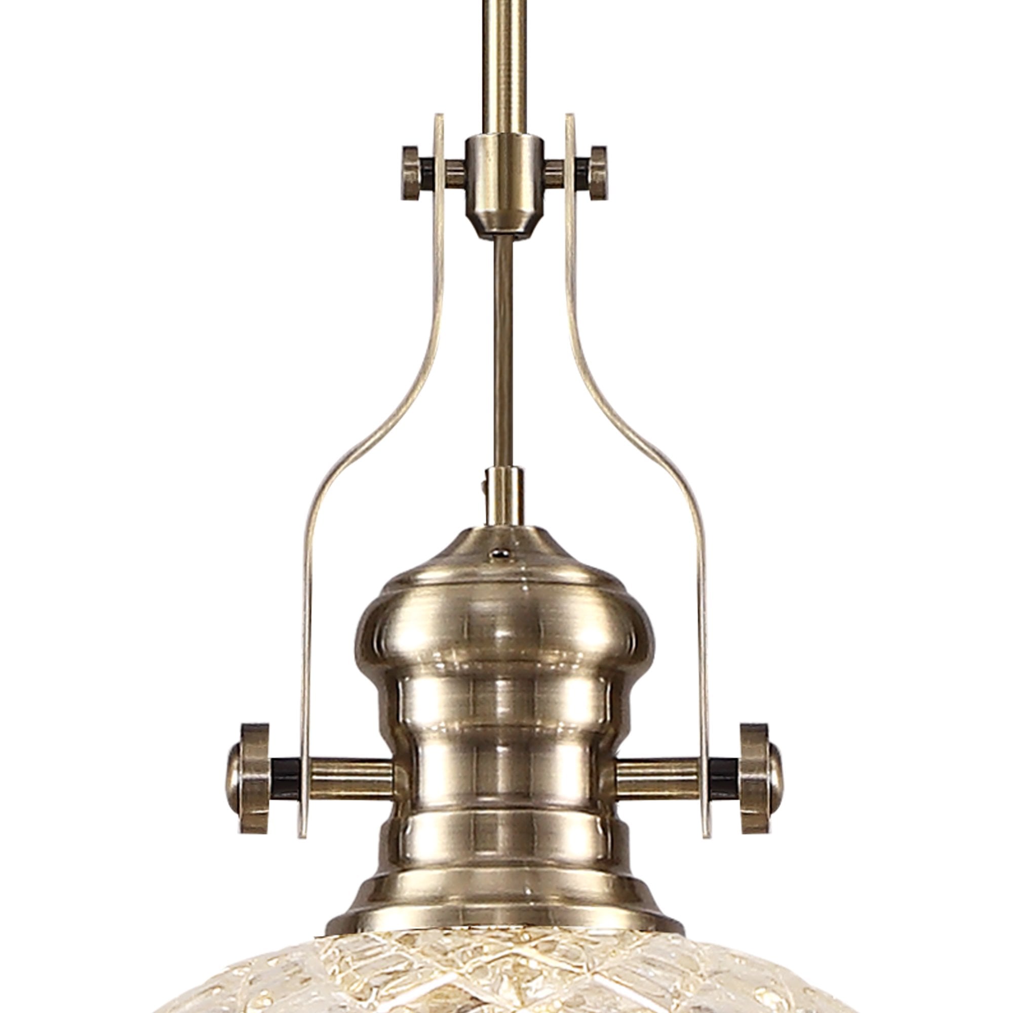 NLK04629 Louis Pendant With 30cm Flat Round Patterned Shade Antique Brass/Clear Glass