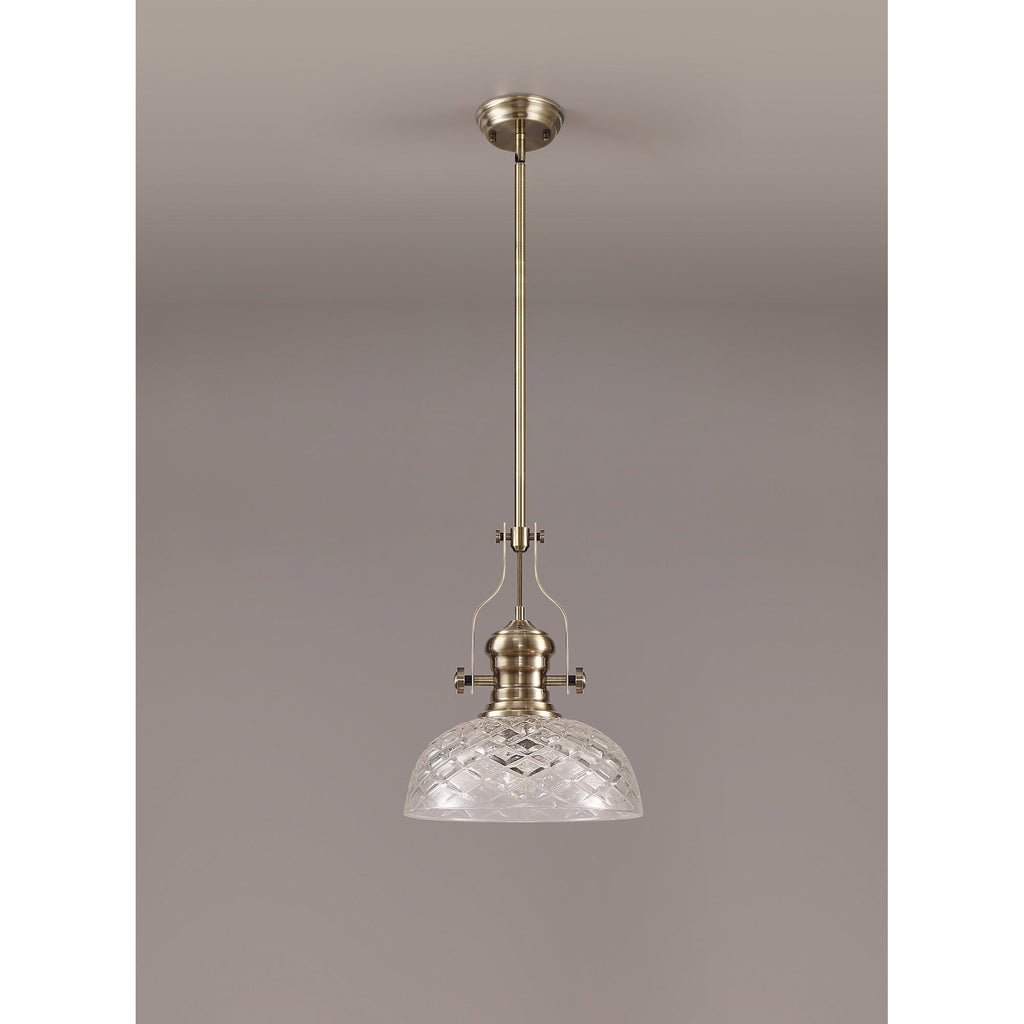 NLK04629 Louis Pendant With 30cm Flat Round Patterned Shade Antique Brass/Clear Glass