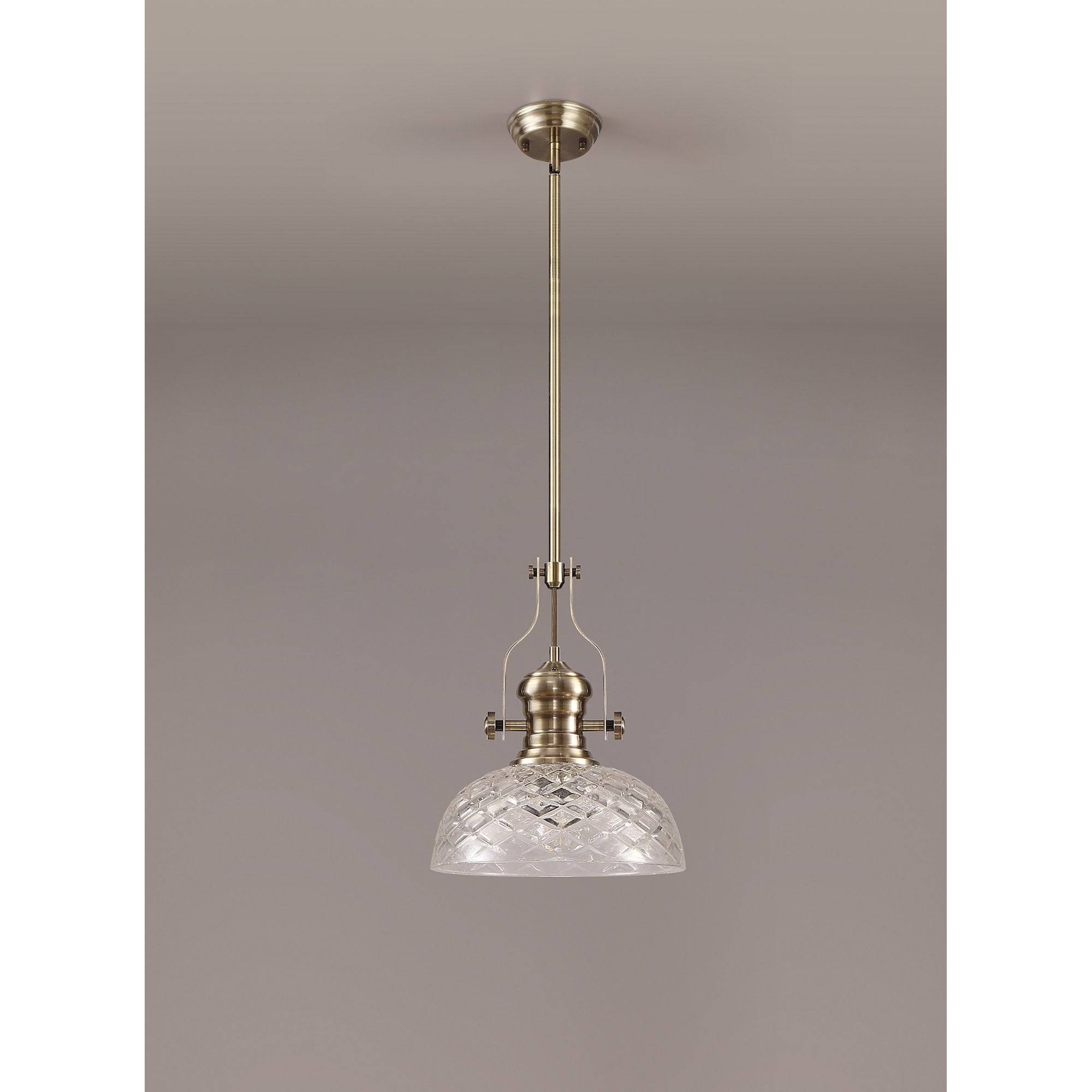NLK04629 Louis Pendant With 30cm Flat Round Patterned Shade Antique Brass/Clear Glass