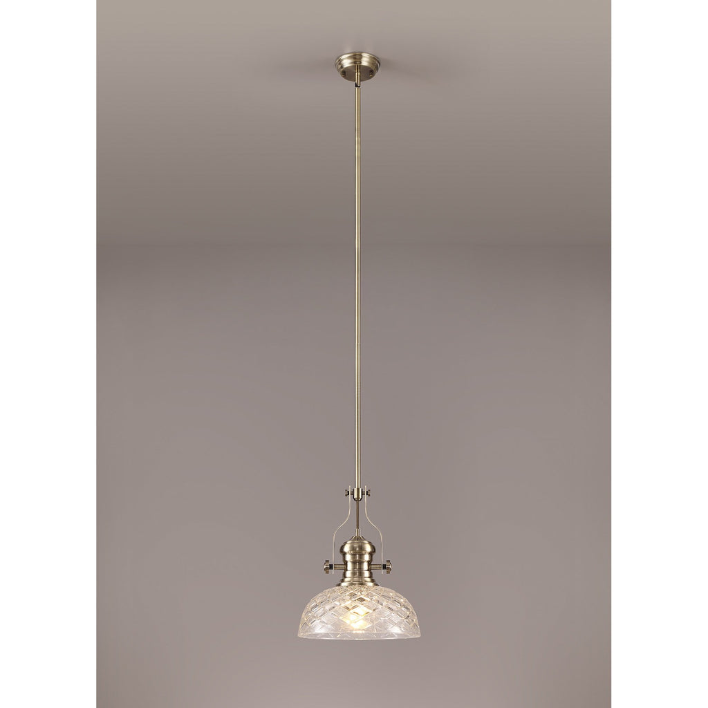 NLK04629 Louis Pendant With 30cm Flat Round Patterned Shade Antique Brass/Clear Glass