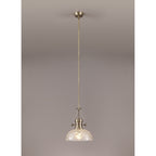NLK04629 Louis Pendant With 30cm Flat Round Patterned Shade Antique Brass/Clear Glass