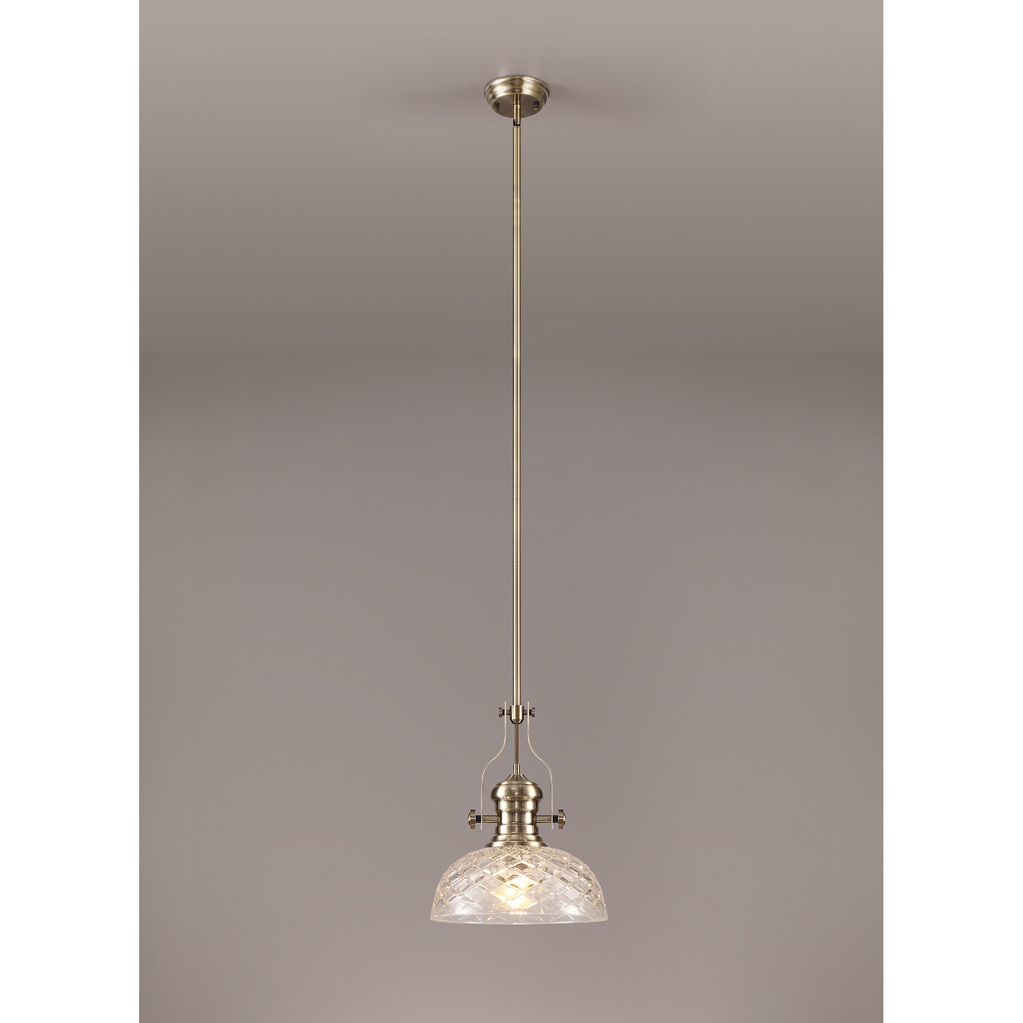 NLK04629 Louis Pendant With 30cm Flat Round Patterned Shade Antique Brass/Clear Glass