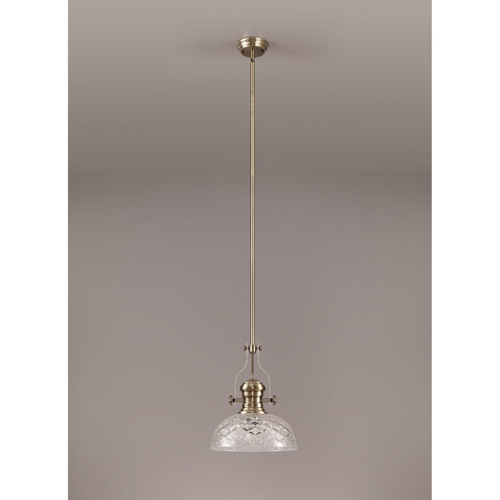 NLK04629 Louis Pendant With 30cm Flat Round Patterned Shade Antique Brass/Clear Glass