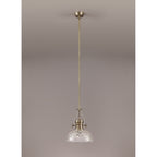 NLK04629 Louis Pendant With 30cm Flat Round Patterned Shade Antique Brass/Clear Glass
