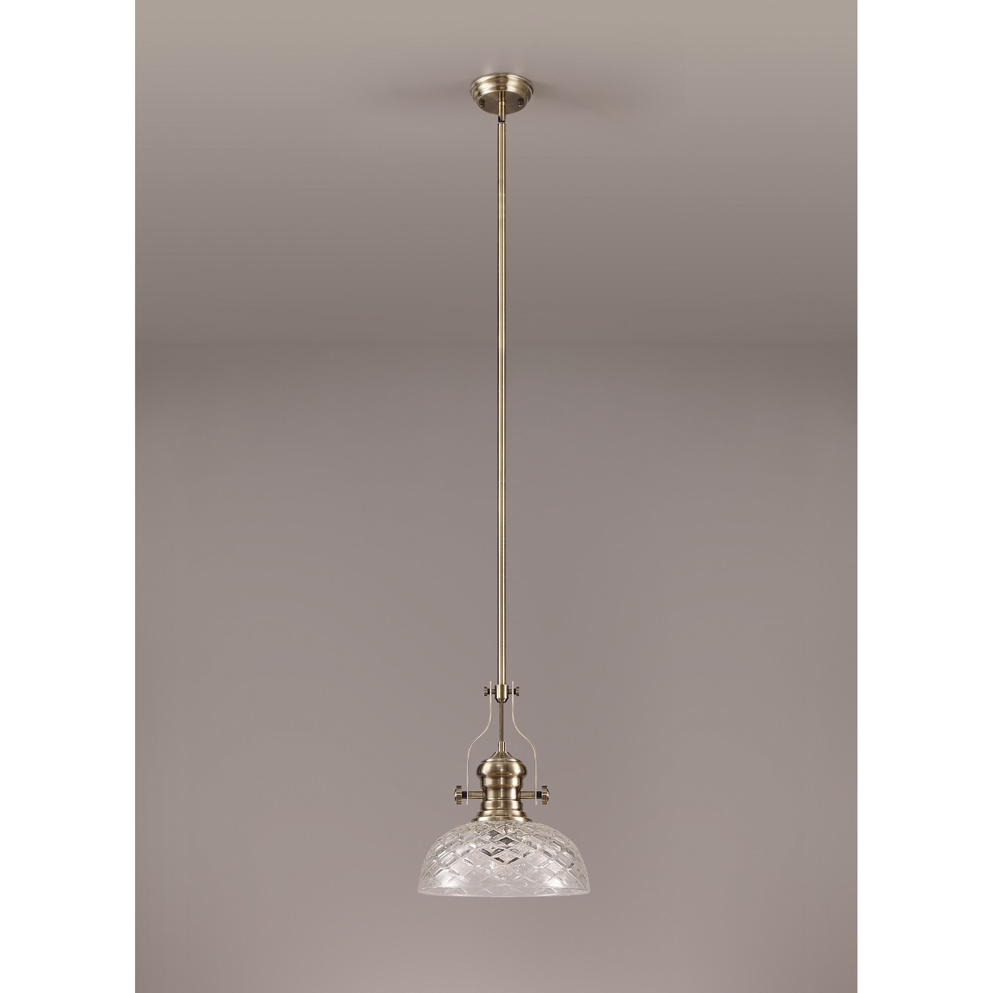 NLK04629 Louis Pendant With 30cm Flat Round Patterned Shade Antique Brass/Clear Glass