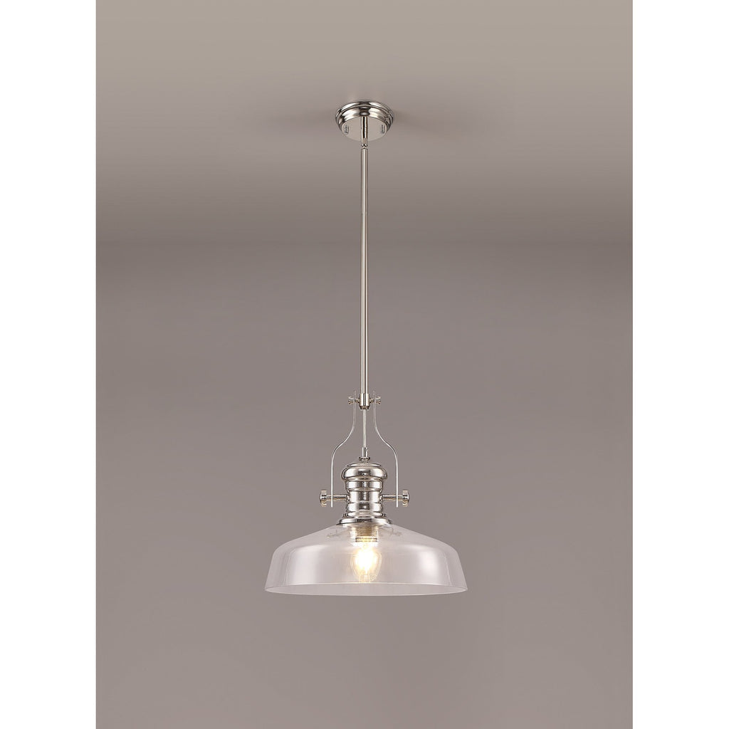 NLK04639 Louis Pendant With 38cm Flat Round Shade Polished Nickel/Clear Glass