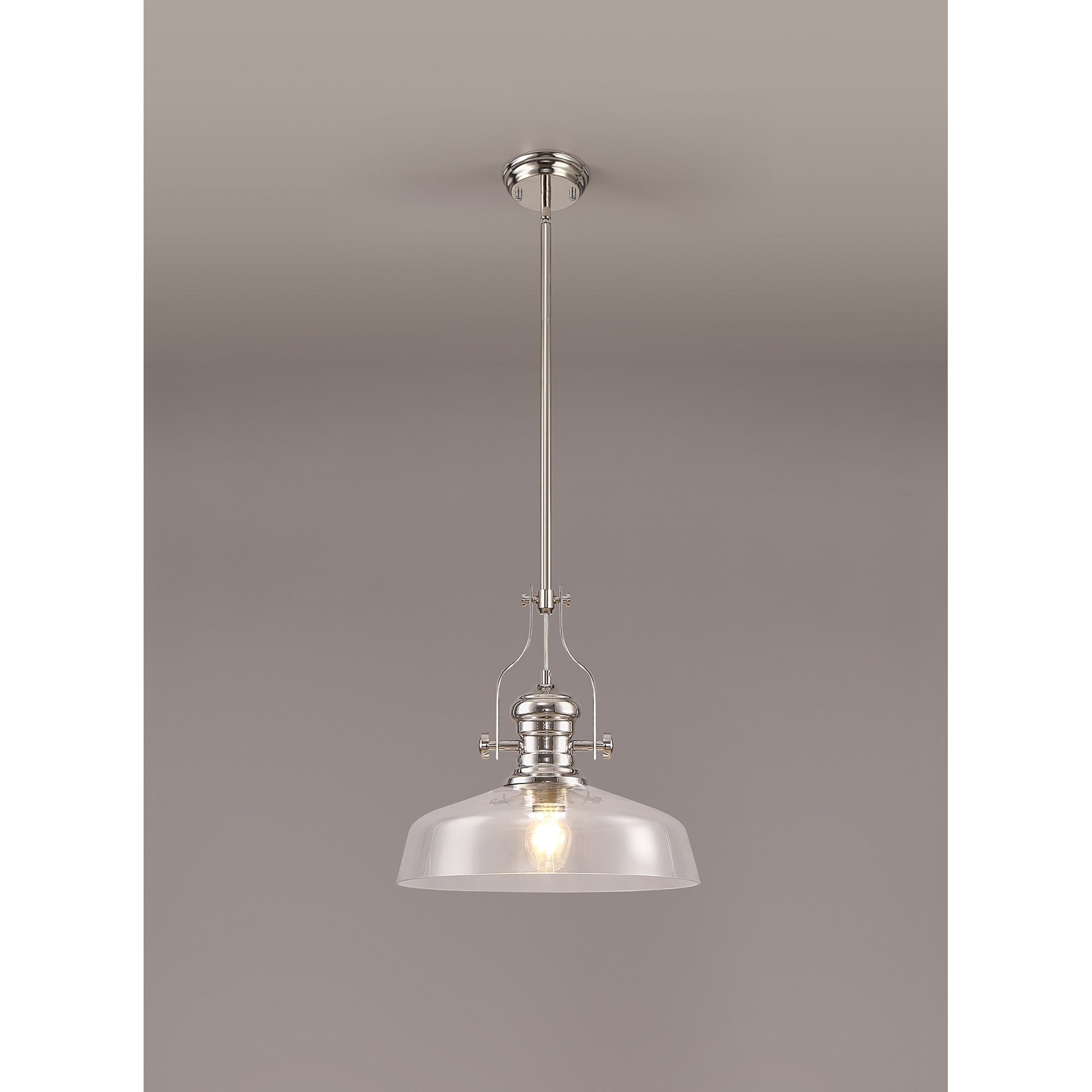 NLK04639 Louis Pendant With 38cm Flat Round Shade Polished Nickel/Clear Glass