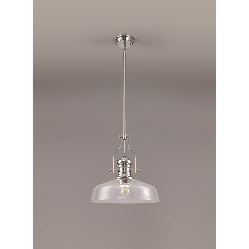 NLK04639 Louis Pendant With 38cm Flat Round Shade Polished Nickel/Clear Glass