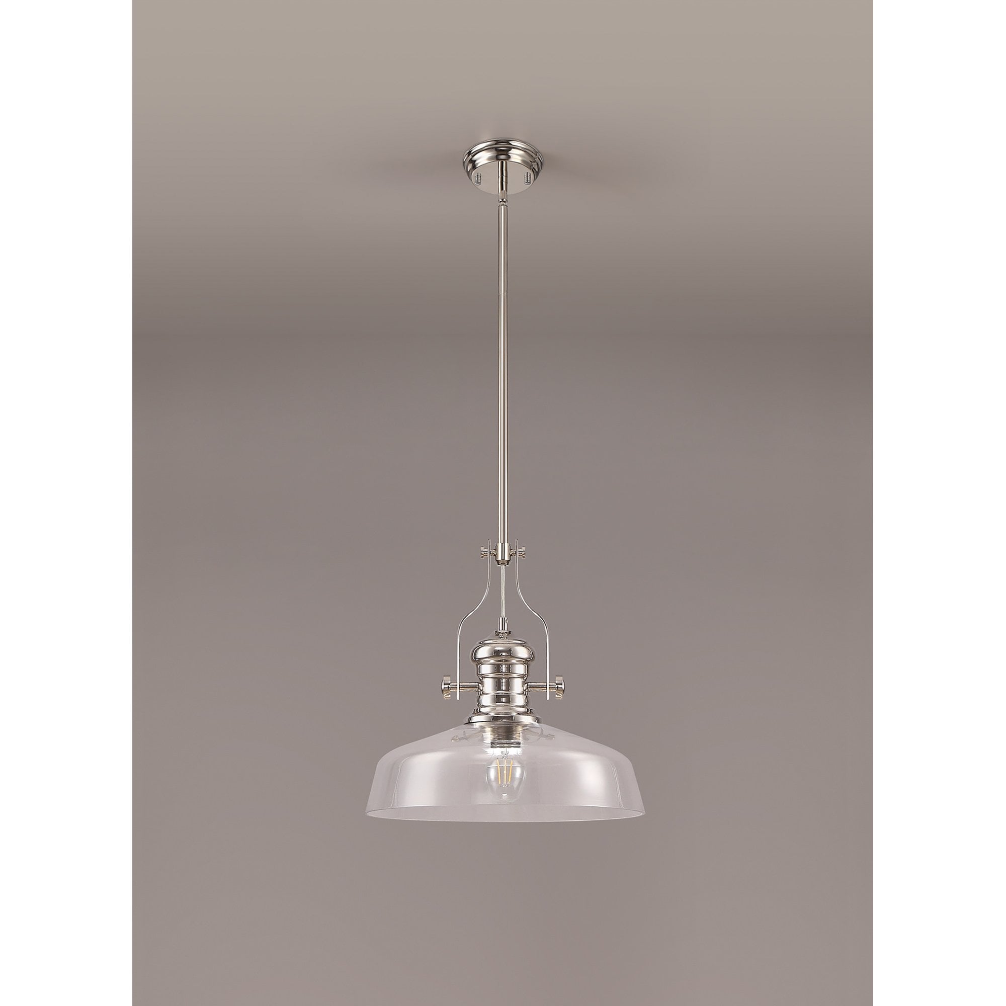NLK04639 Louis Pendant With 38cm Flat Round Shade Polished Nickel/Clear Glass